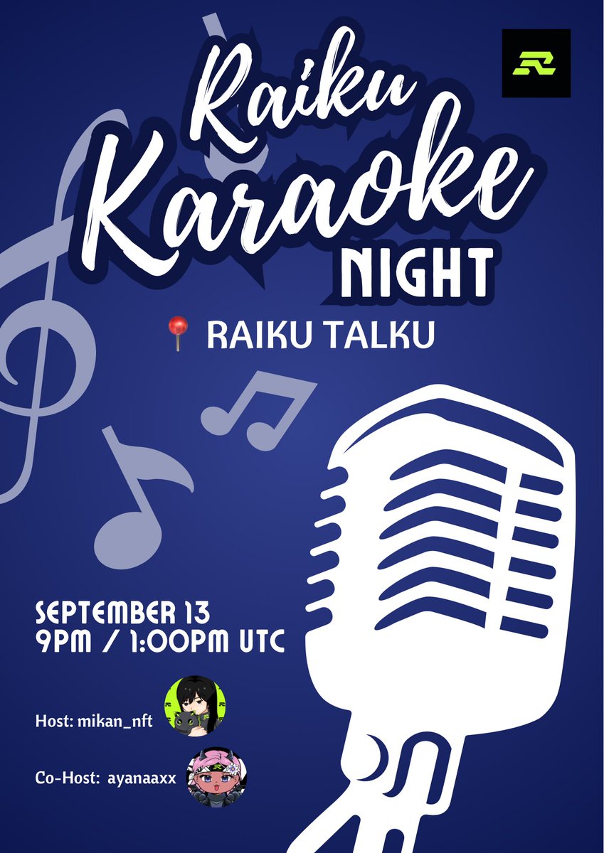 Chazzz0's tweet photo. It’s sundayy againnnn! you know what it means!!! 

KARAOKE TIMEEEE🎉 

me and @kaimegurl are back again at hosting a wonderful karaoke night at raiku 

Anyone who wanted to sing? just be early cause it’s a first come, first serve👀

see u all laterrrrr 

@raikucom https://t.co/mDnDrxnNcS