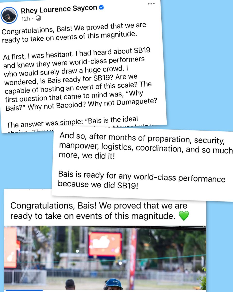 psychedup247's tweet photo. This is such a beautiful testament to what happens when vision, preparation, and trust come together. 

Congratulations, Bais City! You proved that world-class events are not limited to the biggest cities. With the right planning, dedication, and the courage to take on opportunities of this scale, any place can become a stage for something extraordinary. 

And this is also the impact of having world-class Filipino artists like SB19. They do not simply perform on a stage; they elevate every space they step into. They bring a level of artistry, professionalism, and excellence that transforms every event into an unforgettable experience.

There is also a reason why SB19’s involvement naturally raises the standard. Their name has become associated with excellence, professionalism, and a commitment to delivering their best. Organizers, partners, and communities understand that it is no longer just about putting up a concert; it is about creating an experience worthy of the artists, the audience, and the moment. When it’s SB19, everyone knows they have to rise to the occasion because SB19 always does.

SB19 has this ability to make everything they are part of shine brighter. They don’t just become part of an event; they raise the standard of what that event can be. Their presence brings people together, creates excitement, highlights local communities, and turns a simple performance into a meaningful celebration.

Even before they officially received the title of Tourism Ambassadors, they were already embodying what it means to represent the Philippines with pride, purpose, and excellence. Through their music, work ethic, and the way they connect with people, they continue to showcase our talent, creativity, hospitality, and stories to the world.

Congratulations again, Bais City! You did not just host a concert, you created history and proved that Filipino communities are ready for world-class experiences. And SB19 continues to show that Filipino excellence belongs on every stage.