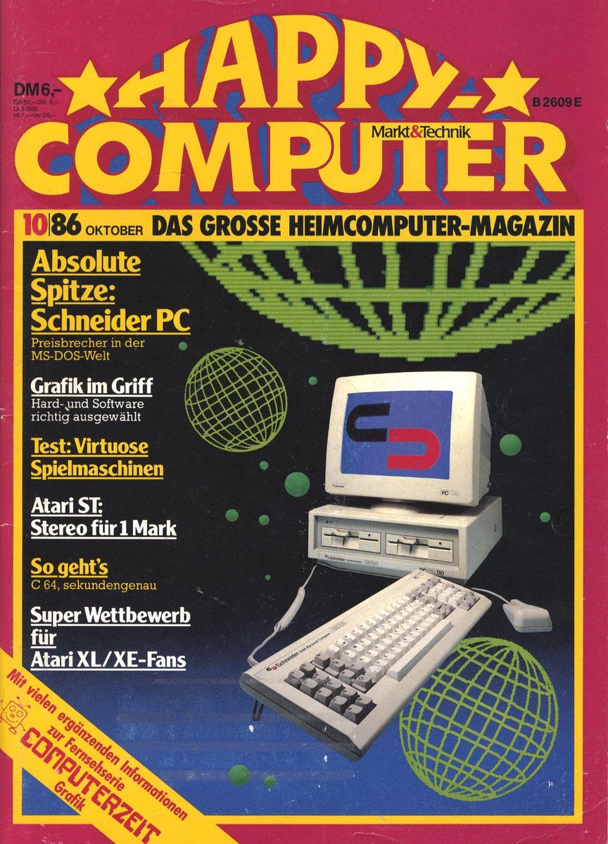 Retrojournal_de's tweet photo. 📖 Happy Computer 10/86:
„Absolute Spitze: Schneider PC“ – der Preisbrecher in der MS-DOS-Welt.
Dazu Grafik, „virtuose Spielmaschinen“, Atari ST in Stereo für 1 Mark und der C64 „sekundengenau“. Für 6 DM war ordentlich was los. 😁
#HappyComputer #RetroComputing #SchneiderPC https://t.co/JrT4jKnZBJ