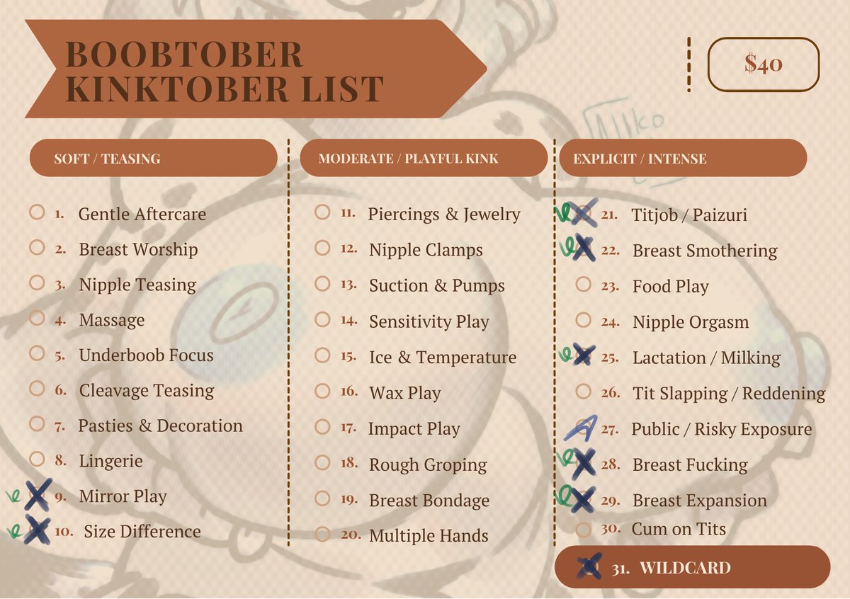Nikorierw's tweet photo. Boobtober slots open!
$40 
#inktober #kinktober #boobtober
Boob-focused kinktober — pick a prompt from the list (marked ones are taken), get a sexy drawing of your oc's boobs.
You can purchase and see rules on my VGen!
Grab yours before they’re gone~ 🔥
https://t.co/OYT5zeCqC4 https://t.co/NnYwKEG9on