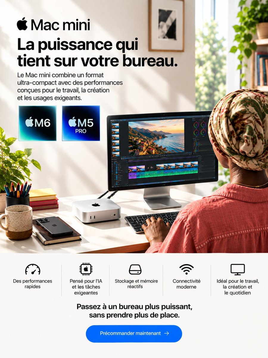 AubaineX's tweet photo. 🍎 Précommandez le nouveau Mac mini

Puce Apple M6 ou M5 Pro.
Petit format. Grande puissance.

📅 Disponible le 22 septembre 2026

🔗 Précommande : [Lien]

🔹 M6 : https://t.co/3ediffHcDX

🔹 M5 Pro : https://t.co/8l7a2kr90q

#Apple #MacMini #M6 #M5Pro #Mac #Tech #Précommande https://t.co/0Tjo7wHhw8