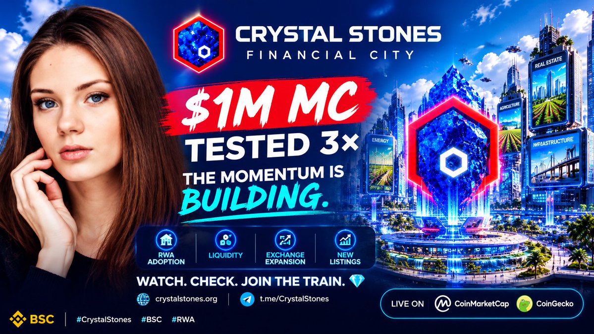 UdohLucas's tweet photo. check-in: $CRYSTALSTONES
$1M MC tested 3×. The momentum is building. 

With RWA adoption, liquidity, exchange expansion &amp; listings ahead, the journey is just beginning.

Watch. Check. Hold. 👇

BSC: 0xe252FCb1Aa2E0876E9B5f3eD1e15B9b4d11A0b00

#CrystalStones #BSC #RWA https://t.co/HppCIiWdBi