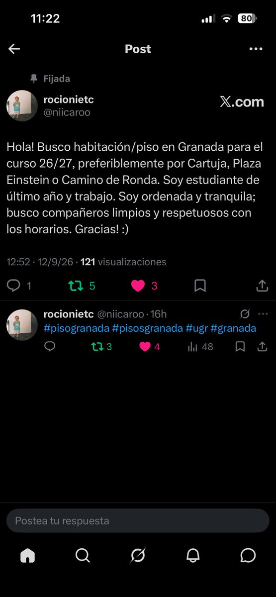 alvarocarmona14's tweet photo. Ig: rocionietc  
Hola! Busco habitación/piso en Granada para el curso 26/27, preferiblemente por Cartuja, Plaza Einstein o Camino de Ronda. Soy estudiante de último año y trabajo. Soy ordenada y tranquila; busco compañeros limpios y respetuosos con los horarios. Gracias!:) https://t.co/8Je5f7aKno