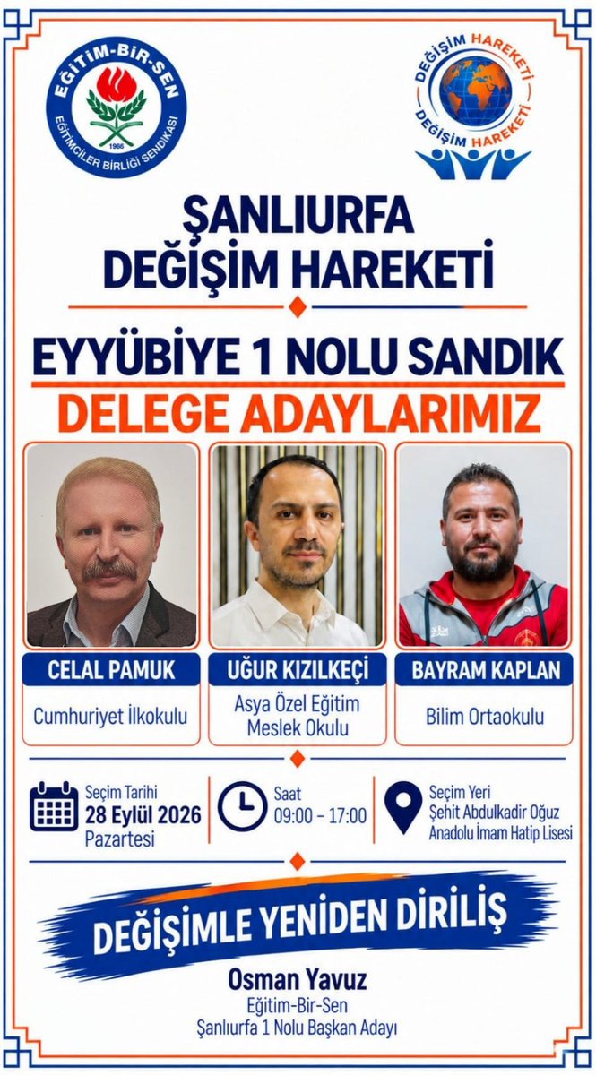 urfaebsdegisim's tweet photo. 📍 EYYÜBİYE’DE DEĞİŞİM ZAMANI!

Üyeden güç alan, öğretmenler odasının sesini yönetime taşıyan güçlü bir sendikal anlayış için Değişim Hareketi Eyyübiye Delege Adaylarımız.

🤝 Birlikte karar verme, birlikte yönetim için.

🗳️ 28 Eylül’de desteğinizi bekliyoruz. https://t.co/p08HYjrrf6