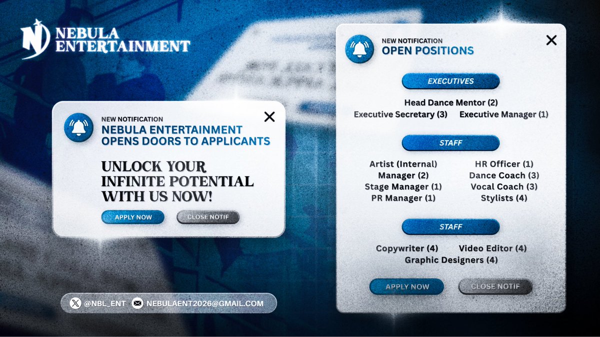 NEBU7AENT's tweet photo. ㅤ
🌐 𝓝𝐄𝐁𝐔𝐋𝐀 𝐄𝐍𝐓. 𝐈𝐒 𝐇𝐈𝐑𝐈𝐍𝐆

We are looking for 𝐜𝐫𝐞𝐚𝐭𝐢𝐯𝐞 minds and 𝐩𝐚𝐬𝐬𝐢𝐨𝐧𝐚𝐭𝐞 icons to join our growing community! Join now and unlock your 𝓘𝐧𝐟𝐢𝐧𝐢𝐭𝐞 𝐩𝐨𝐭𝐞𝐧𝐭𝐢𝐚𝐥 with us! ٠࣪⭑

Apply now: https://t.co/zAxv5CsMae
ㅤ https://t.co/2ov7JyzWT5
