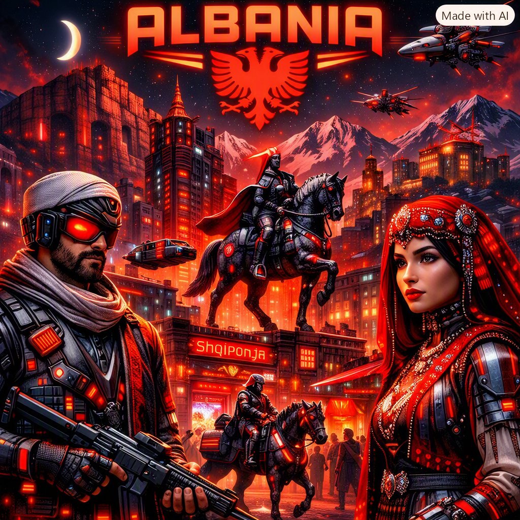Synthesis_Digit's tweet photo. Cyberpunk Albania – Neon Balkan Reborn.
Neon Skanderbeg‑plein, glitch‑bergen, cybernetische adelaar‑symboliek en futuristische Balkan‑energie.
Tradition meets the future — fel, rood‑zwart en volledig cyberpunk.🛒 Full drop → https://t.co/VvZzmHIvHf
 #CyberpunkArt #DigitalArt https://t.co/peWgD2MMRj