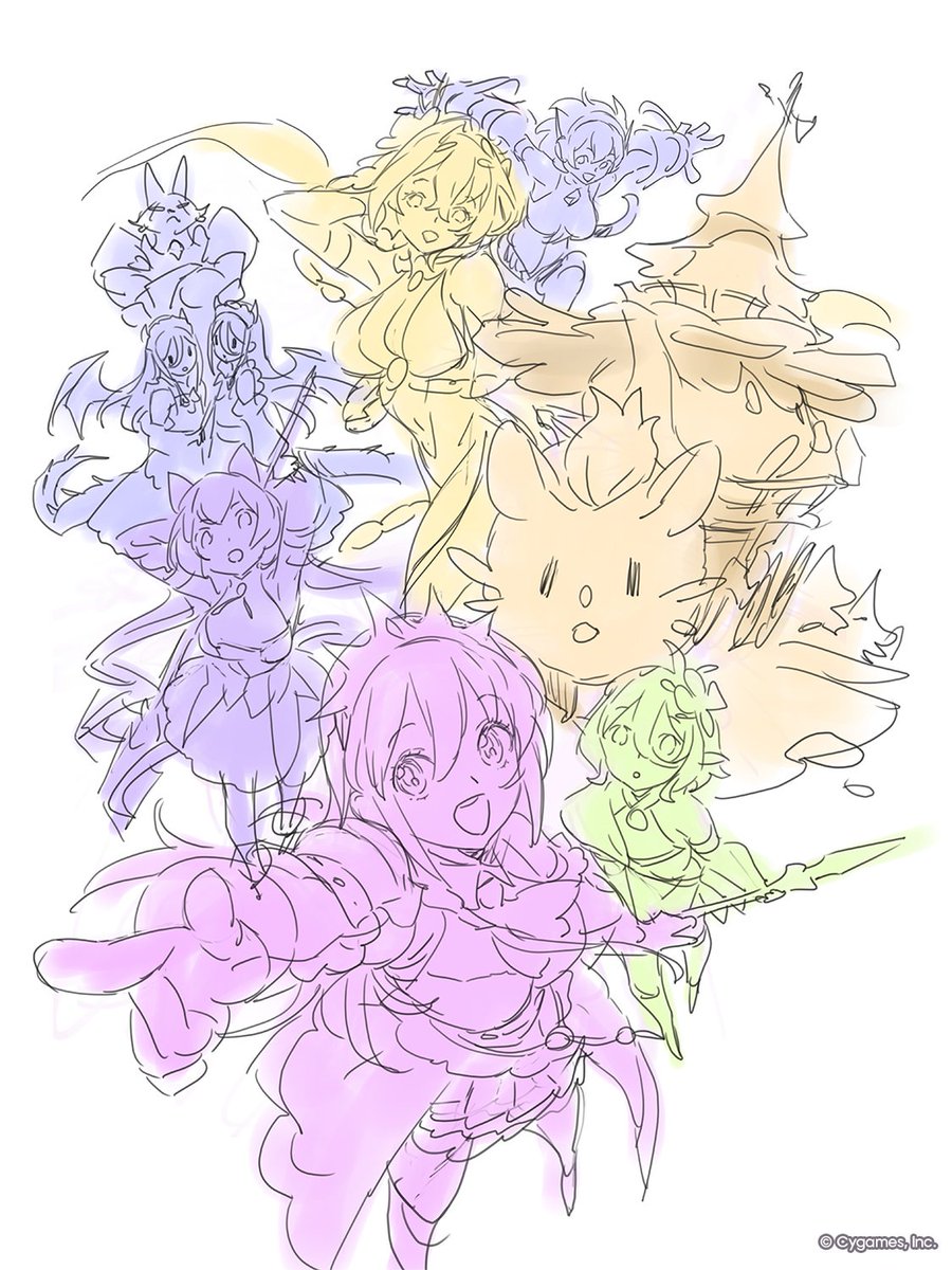 priconne_redive's tweet photo. 【プリコネ第3部 -Art Journey-】
メインストーリー第3部のキャラクターや世界観を作り上げた秘蔵資料を、プリコネR公式Xアカウントにて特別公開中！

▼DAY4（1／3）
本日は、メインストーリー第3部に関するさまざまな資料をご紹介！
まずは『キービジュアル』の「ラフ」から！

[製作チームからのコメント]
新キャラの御披露目以外にも、ドラゴン型の風見鶏が「シェフィを探す旅」の暗喩だったり、旅の終点？である『さかさまの塔』が映り込んでいたりと小ネタも仕込んでもらった一枚です。それと、ヴォルガーノがすごく良い笑顔をしてるんですが女の子だと思われたらどうしよう…と思って公開時に性別を発表してもらった記憶があります（笑）（シナリオチーム）

「新しい冒険の始まり」をテーマに制作しました。新たな一歩を勢いよく踏み出す美食殿と、その先で出会う新たな仲間たち、これから冒険する新しい舞台を一枚の中に構成。キャラクターの演技や画面全体を通して、新章が始まる明るさやワクワク感を感じてもらえるよう意識しています。（イラストチーム）

#プリコネR #第3部ArtJourney