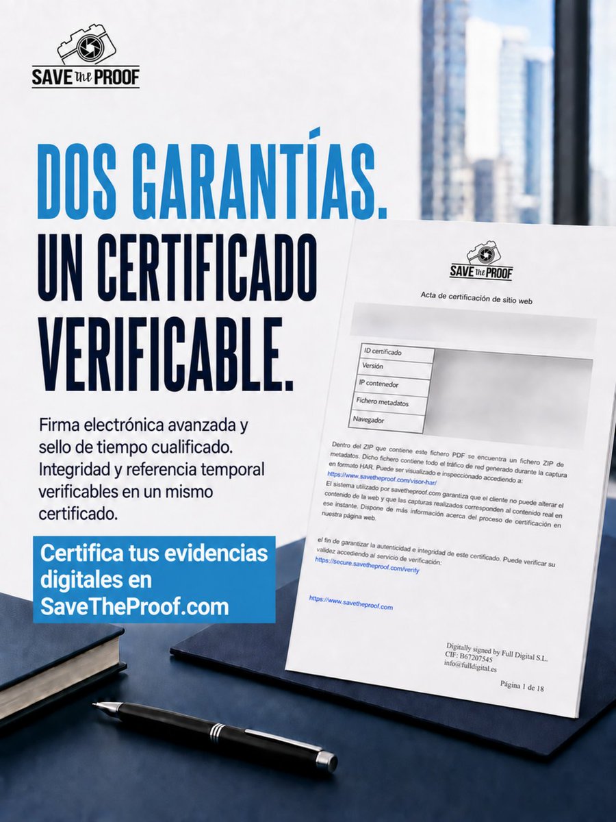 savetheproof's tweet photo. 🔐 ¿Qué respalda la validez de un certificado de 
SaveTheProof?
✅ Firma electrónica avanzada y 🕒 Sello de tiempo cualificado ➡️Identificación, integridad y referencia temporal verificable. 
https://t.co/TpXHMLVn0v

#Legaltech #EvidenciaDigital #eIDAS https://t.co/4Tc0aVEaND