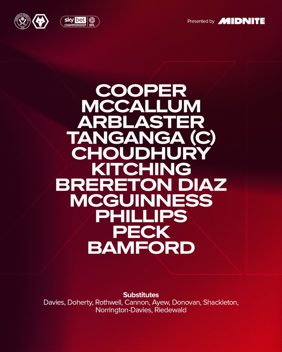 SheffieldUnited's tweet photo. Today's team against Wolves. 🔢

@midnite https://t.co/TrCSV5lIfN