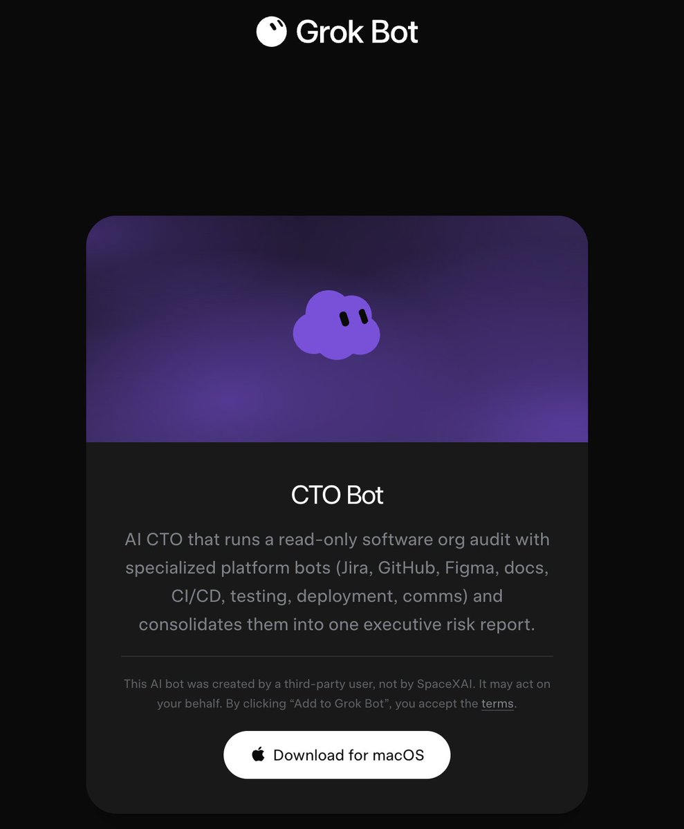 asmDevsit's tweet photo. Most founders find out about engineering risk when it's already a fire.

I built an AI CTO to catch it earlier.

Powered by @spacexai  @grok @bot , it deploys specialized bots across your stack Jira, GitHub, Figma, docs, CI/CD, testing, deployment, and comms.

Link in the thread https://t.co/AiZ1M74pev