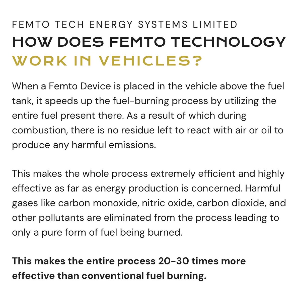 flcrom's tweet photo. A subsidiary of IndoThai : “Femto technologies” claim that they invented “a femto device which when placed above fuel tank, speeds up the fuel burning process by utilizing the entire fuel”, which is absolute bullshit lol.

I was so shocked to see it hitting upper circuits after a continuous chain of lower circuits for over a month. There’s no way Monday would open green for this stock.