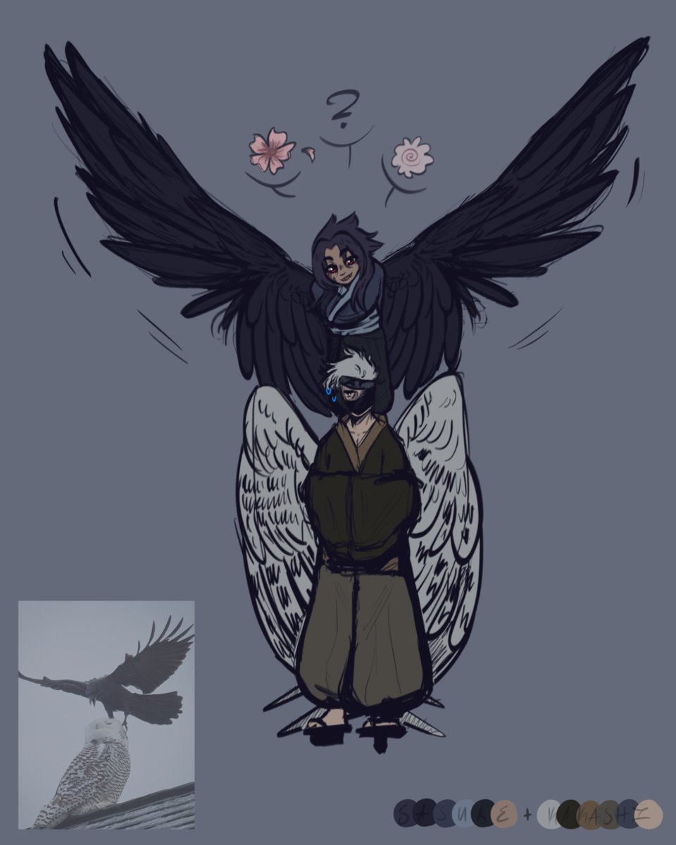 BivenSoul's tweet photo. Yōkai AU! Kakashi &amp; Sasuke
★
Just a little tengu chick following his mentor after training.
★
(1/2)
#SmallArtist #Fanart #KakashiHatake #SasukeUchiha #NoAI #FuckAI https://t.co/HHAhrwz06z