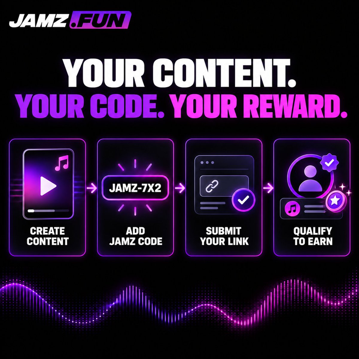 jamzdotfun's tweet photo. Your JAMZ code connects your content to your reward.

Choose an active campaign, create original content with the track, include your unique JAMZ code and submit your post through https://t.co/Yzkg28e8iJ.

The code helps identify your submission and connect qualifying content to the campaign reward.

Create content.
Add your code.
Submit your link.
Qualify to earn.
Your content. Your code. Your reward.

Get started → https://t.co/4JrtyviQjn
