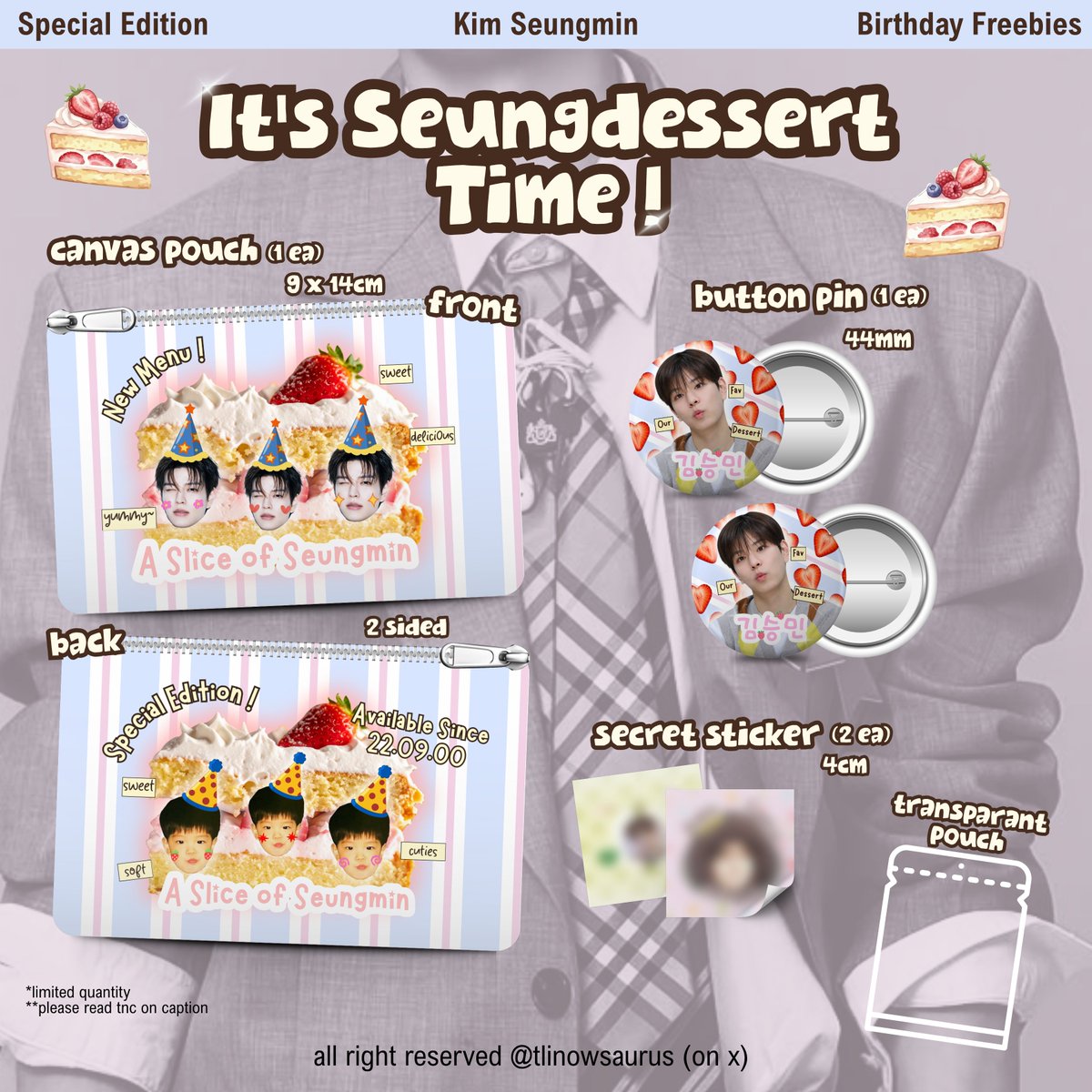 tlinowsaurus's tweet photo. 𝐈𝐓’𝐒 𝐒𝐄𝐔𝐍𝐆𝐃𝐄𝐒𝐒𝐄𝐑𝐓 𝐓𝐈𝐌𝐄! 🍰
:: seungmin birthday freebies by @tlinowsaurus 
📅claim opens 22/09, 19.00 WIB
🩵 Rp. 9.922/set (🍊checkout, no refund)

please check the rules before claiming! >< https://t.co/3UQoeemnaS