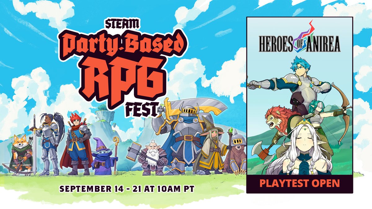 HeroesOfAnirea's tweet photo. Heroes of Anirea will be participating in Steam's Party-based RPG fest! ⚔️👨‍👩‍👧

This will be our last days of playtest so be sure to give it a try if you haven't already!
#indieDev #ゲーム制作 https://t.co/XKfhqjr07P