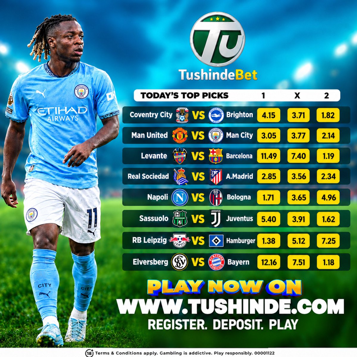 TushindeBet's tweet photo. 🔥⚽ WHICH TEAM ARE YOU BACKING? 🔥

Manchester Derby, Barcelona, Juventus, Bayern &amp; more! 🏆

The big games are here! Check out today's hottest picks on TushindeBet and make your predictions. 🎯

💪 PLAY NOW!
🌐 https://t.co/WB0If7nPPU

🔞 18+ | Play responsibly. https://t.co/kCLdyNh0Dh