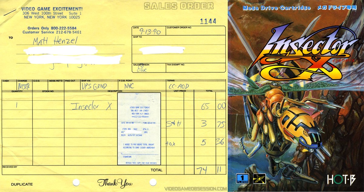 matthewhenzel's tweet photo. Another old video game receipt... From 36 years ago, Insector X for the @Sega #MegaDrive. Imported from Video Game Excitement on 9/13/1990. The price, $74.11, (or $190 –adjusting for inflation! 😁), was worth it back then since I really enjoyed it.. and I still do!
#VGOReceipts https://t.co/J7NNVY9f2j