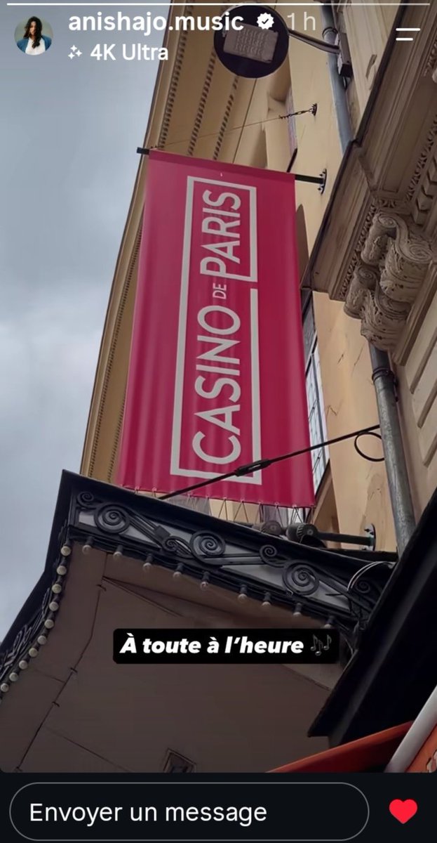 fabien_fichaux's tweet photo. Anisha Jo (dans sa story Insta) vous dit à tout à l'heure 🎶 #AnishaJo #CasinodeParis https://t.co/ktjl7fMeZZ