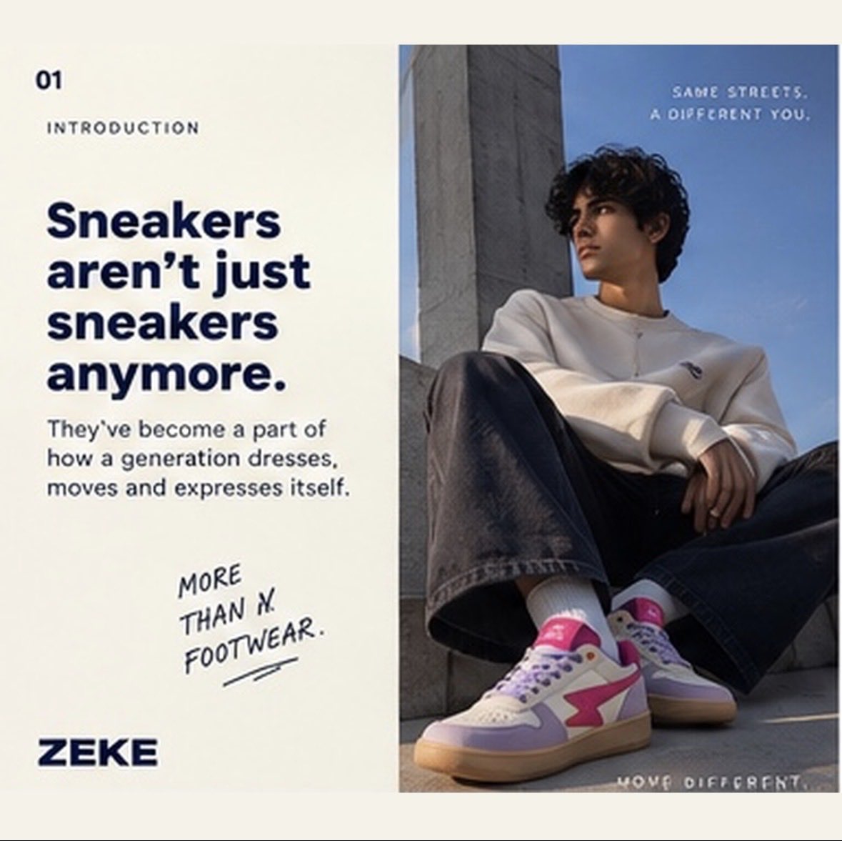 97Yeshwant's tweet photo. I built a sneaker brand from scratch.

Not another Nike/adidas copy.
Not another “Indian brand” with obvious Indian branding.

I wanted to explore what a global-looking, accessible-premium sneaker brand could look like if built from the ground up.

Meet 

ZEKE
MOVE DIFFERENT. 🧵 https://t.co/edPiF1xnHg