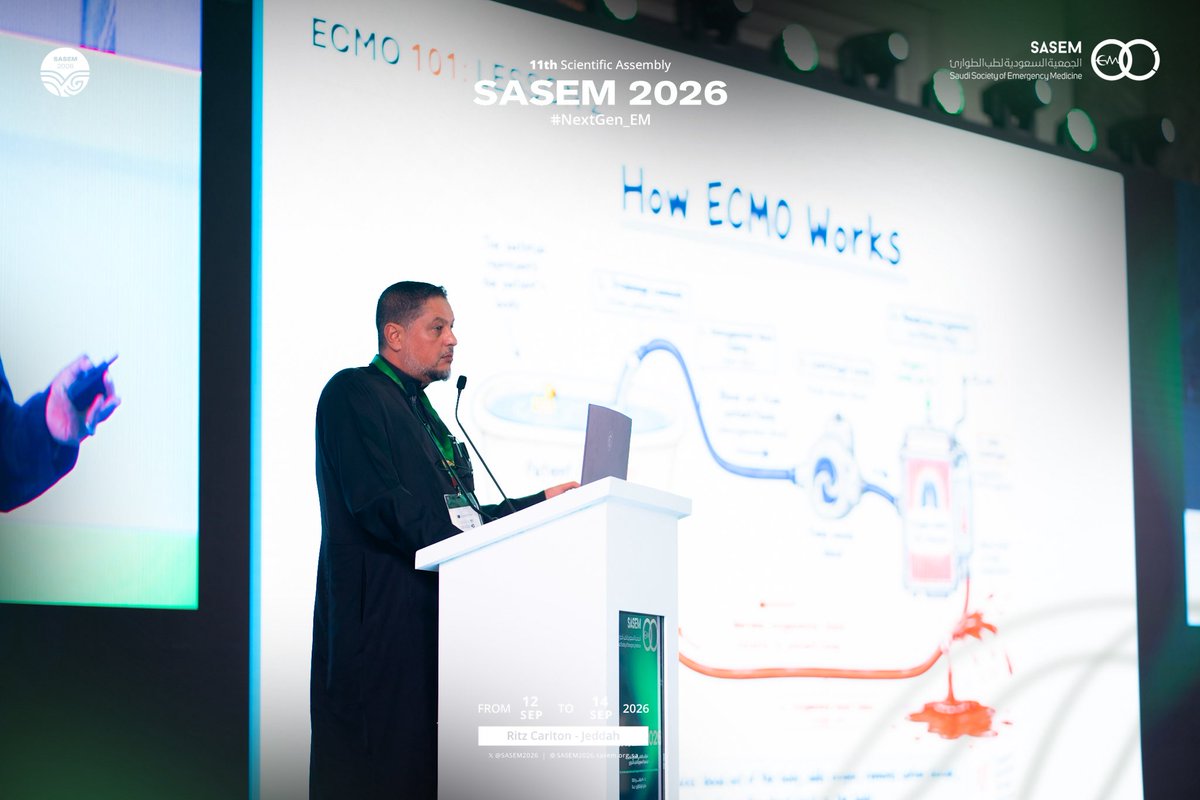 sasem2026's tweet photo. Track: Trauma l 

🫀 ECMO in Trauma at #SASEM2026

Dr. Mohammed Azzam is explaining  the evolving role of Extracorporeal Membrane Oxygenation (ECMO) in trauma, highlighting its potential in carefully selected critically injured patients.

#SASEM2026
#NextGen_EM https://t.co/n7Yzl87hhz