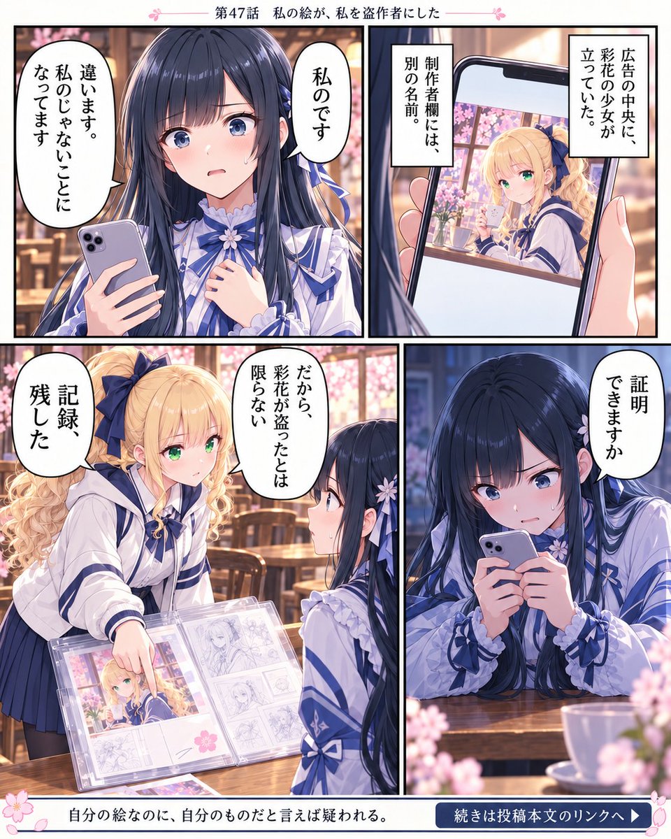 ayane_speechart's tweet photo. 自分の絵が、大手商品の広告になっていた。

本来なら欲しかった評価が、知らない誰かの名前へ積み上がっていく。

「私のです」

でも、自分のものだと言えば疑われる。

「証明できますか」

アリスは机のファイルを指した。

第47話
https://t.co/f4rHQ4epJb https://t.co/ucc6dbw6Gh