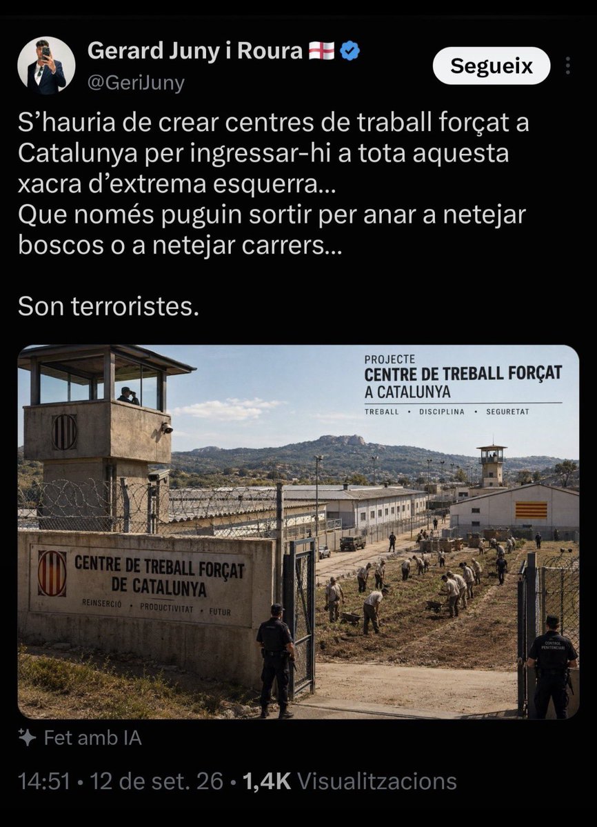 jordiborras's tweet photo. Gerard Juny, exresponsable comarcal de comunicació d’Aliança Catalana, demana públicament la creació de camps de concentració i treballs forças per motius ideològics. El tuit ha estat eliminat per vulnerar les normes d’X. Divendres era al Fossar onejant la bandera del partit. https://t.co/1nubPBj7NP