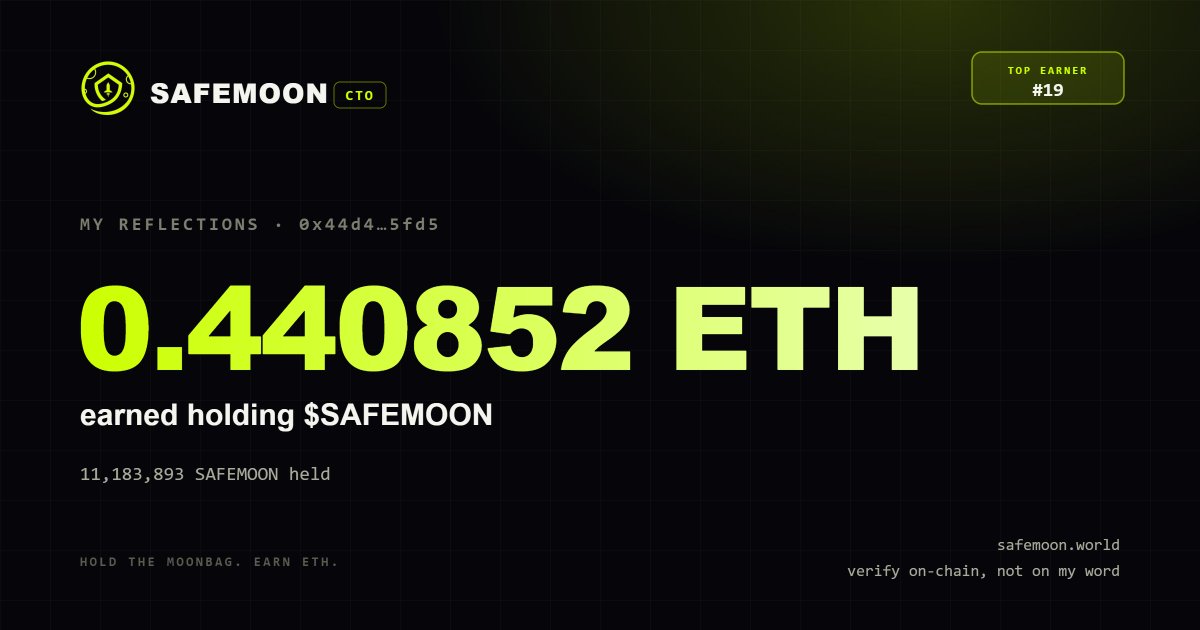 SafeMoonRHCTO's tweet photo. This wallet earned 0.440852 ETH holding $SAFEMOON (#19 on the leaderboard) — check your own wallet: https://t.co/YdXyvjeYFg

(testing website stuff, random wallet selected) https://t.co/646nq2hi9U