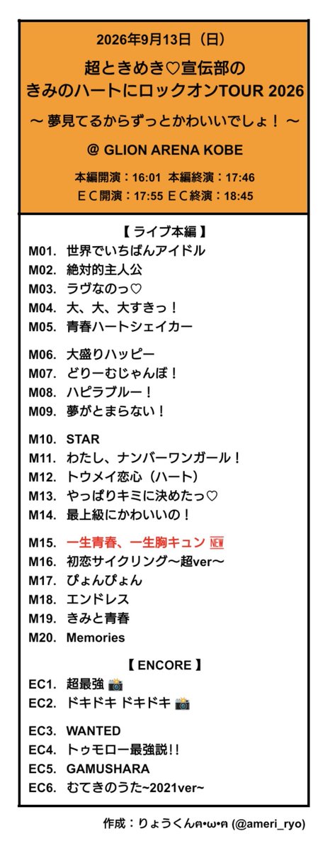 ameri_ryo's tweet photo. 【#超とき宣セットリスト】
2026年9月13日（日）
超ときめき♡宣伝部のきみのハートにロックオンTOUR2026 〜夢見てるからずっとかわいいでしょ！〜
@ GLION ARENA KOBE
#超ときめき宣伝部 #超とき宣
#とき宣 #超とき宣ツアー2026 https://t.co/nmckIqAFVF