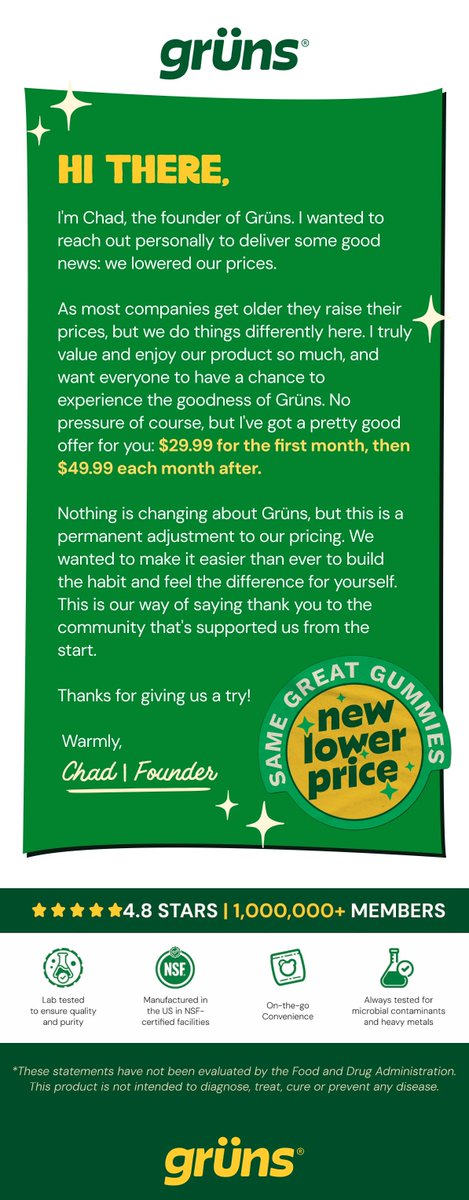 EcomVictor's tweet photo. Banger price framing email from Grüns yesterday 👌 https://t.co/RXLrULRYD6