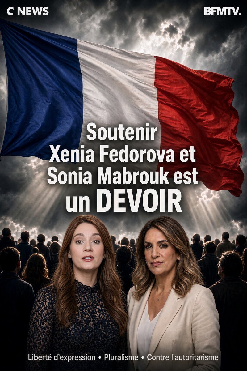 Gdams70's tweet photo. 🚨 APPORTER NOTRE SOUTIEN EST UN DEVOIR....
Xenia Fedorova / Sonia Mabrouk.
Deux journalistes qui tiennent encore debout.
Qui disent ce que d’autres taisent. Qui regardent le pays tel qu’il est.
Alors on les attaque. 
On les isole. 
On veut les museler.
C’est le même combat.
Celui de la parole contre le silence obligatoire.
Celui du pluralisme contre le verrouillage.
On n’accepte pas qu’on éteigne les micros qui dérangent.
Soutenez-les. Tenez la ligne.
Like. RT. Commentez fort.
Taguez @CNEWS @BFMTV. @SoMabrouk @xfedorova 
@christine_kelly @LaurenceFerrari @Menard_off @Olivier_Truchot @BdLVillardiere 
Qu’ils entendent. 🇫🇷