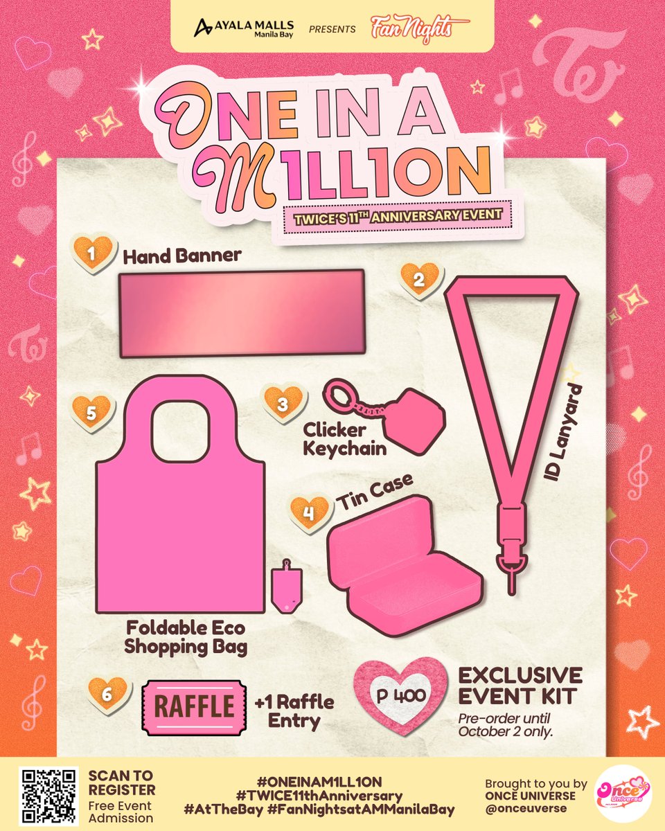 onceuverse's tweet photo. ✨ONE IN A M1LL1ON✨
A Fan Gathering in Celebration of 11 Years with TWICE

HOSTED BY ONCE UNIVERSE
— @onceuverse 

🗓️ October 25, 2026 | 3 PM - 8 PM
📍 5F Sun Garden, Ayala Malls Manila Bay
🎟️ Free Admission
🎁 Exclusive Event Kit for P400

REGISTER NOW https://t.co/NYwE5eoPL4

#ONEINAM1LL1ON #TWICE11thAnniversary
#AtTheBay #FanNightsatAMManilaBay