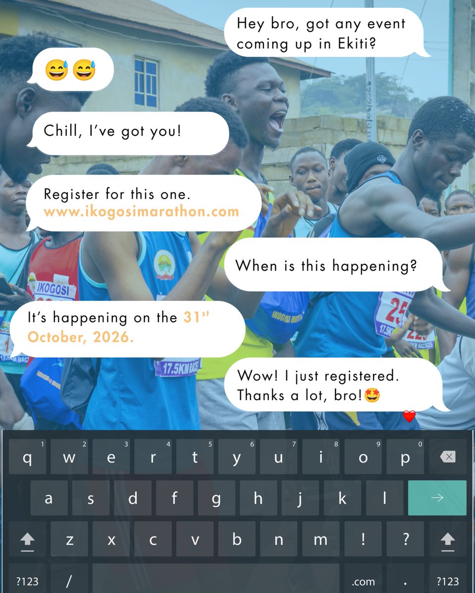 ikogosimarathon's tweet photo. GOT PLANS FOR OCTOBER? 👀🏃🏾‍♀️

Whether you’re in Ekiti or coming from outside the state, this is one experience you don’t want to miss. 🏁❤️

📅31st October. 
Save the date and REGISTER to be part of it.

🔗 https://t.co/MLuXq7cG65

#Ikogosimarathon https://t.co/s98Ki9CNnR