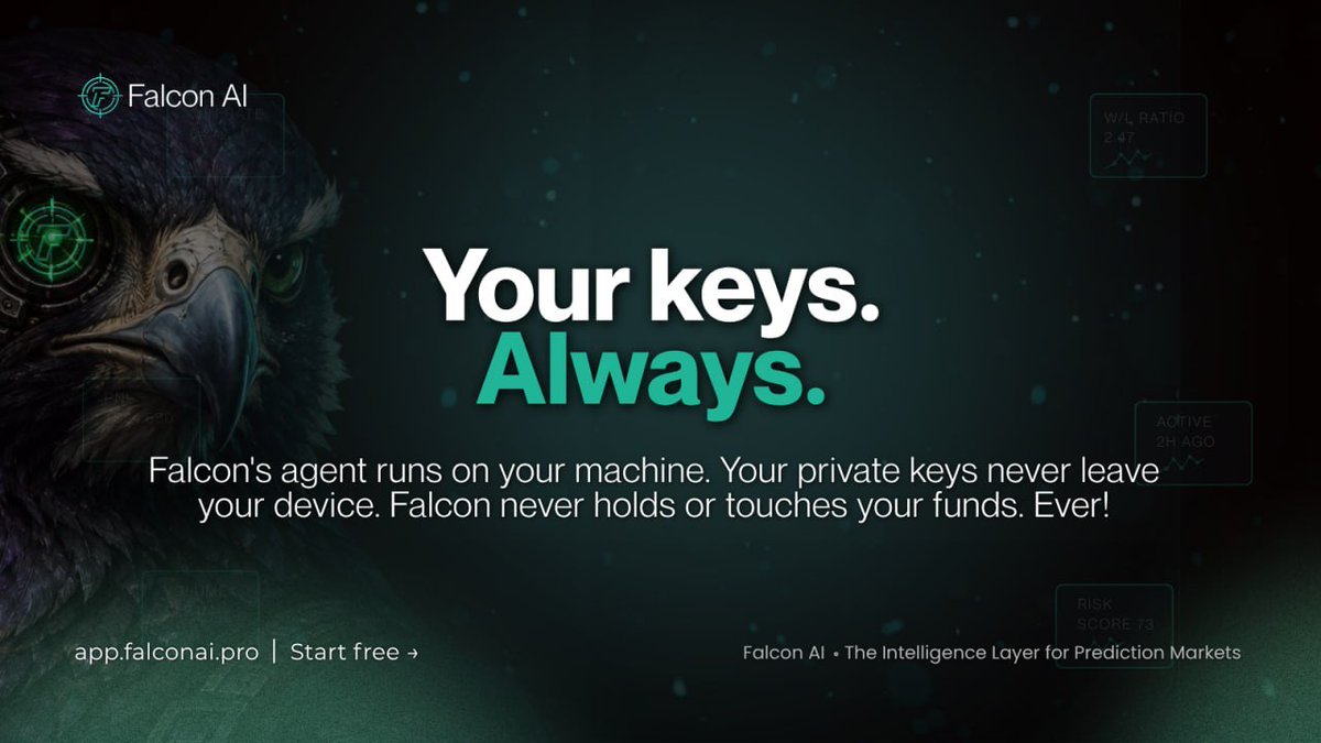 FalconAiPro's tweet photo. Your keys. Always.

Falcon’s Agent runs on your machine. Your private keys never leave your device.

You stay in control. FalconAI handles the intelligence and automation.

#FalconAI #PredictionMarkets #AI https://t.co/a0ncchPbt5