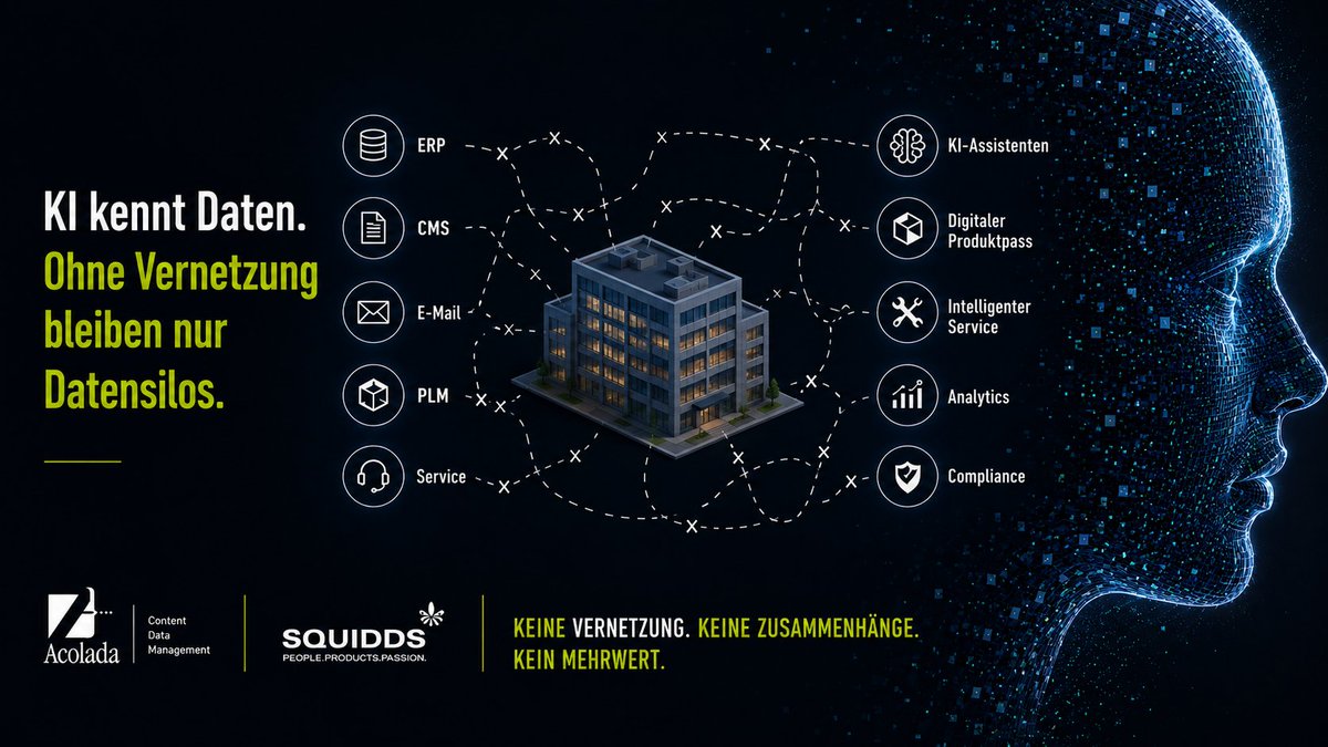 squidds's tweet photo. 🔥 KI kann viel. Aber kennt sie Ihr Unternehmen?

Der echte Mehrwert entsteht, wenn Wissen aus ERP, CMS, PLM &amp; Co. semantisch vernetzt wird.

Warum AI-Ready mehr bedeutet als ein neues KI-Tool.
📅 Kostenfrei anmelden: https://t.co/2w75LfTFEV

#KI #AIReady #SmartAIHub #Semantik https://t.co/EINAhs7Kuq