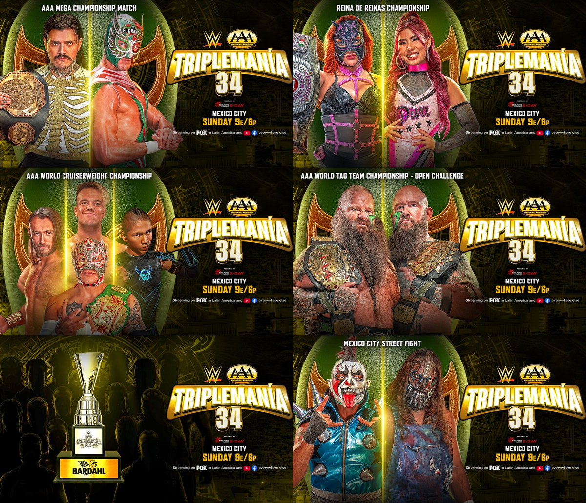 LuigiWrestling's tweet photo. 🟢 Esta es la CARTELERA FINAL y HORARIOS de la NOCHE 2 de #AAATriplemanía 34 en la Arena CDMX de Ciudad de México:

🇲🇽 7pm
🇺🇸🇨🇦 9pm ET, 6pm PT
🇪🇸🇩🇪🇫🇷🇮🇹🇵🇱🇧🇪  03.00 horas
🇮🇨🇬🇶🇵🇹🇬🇧🇮🇪 02.00 horas
🇦🇷🇺🇾🇵🇾🇧🇷🇨🇱 10pm
🇻🇪🇧🇴🇵🇷🇩🇴 9pm
🇨🇴🇵🇪🇵🇦🇪🇨🇨🇺 8pm
🇨🇷🇸🇻🇭🇳🇬🇹🇳🇮🇧🇿 7pm
🇸🇦 4am
🇮🇳 6.30am
🇵🇭 9am
🇦🇺 12am AEDT, 11.30am ACDT, 11am AEST, 9am AWST

(Una hora antes que la Noche 1)

📺 Se podrá ver la Noche 2 de Triplemanía 34 en FOX en Latinoamérica y en YouTube a través de los siguientes enlaces en el resto del mundo:

🇲🇽 Español - https://t.co/9glRFqXea0
🇺🇸  Inglés - https://t.co/sybEAJp5bY

🟣 Estaremos reaccionando EN VIVO en https://t.co/nHi1ldYNMc media hora antes de que arranque el show

Seguimos con un gran fin de semana entre México y Sudamérica. A disfrutarlo.