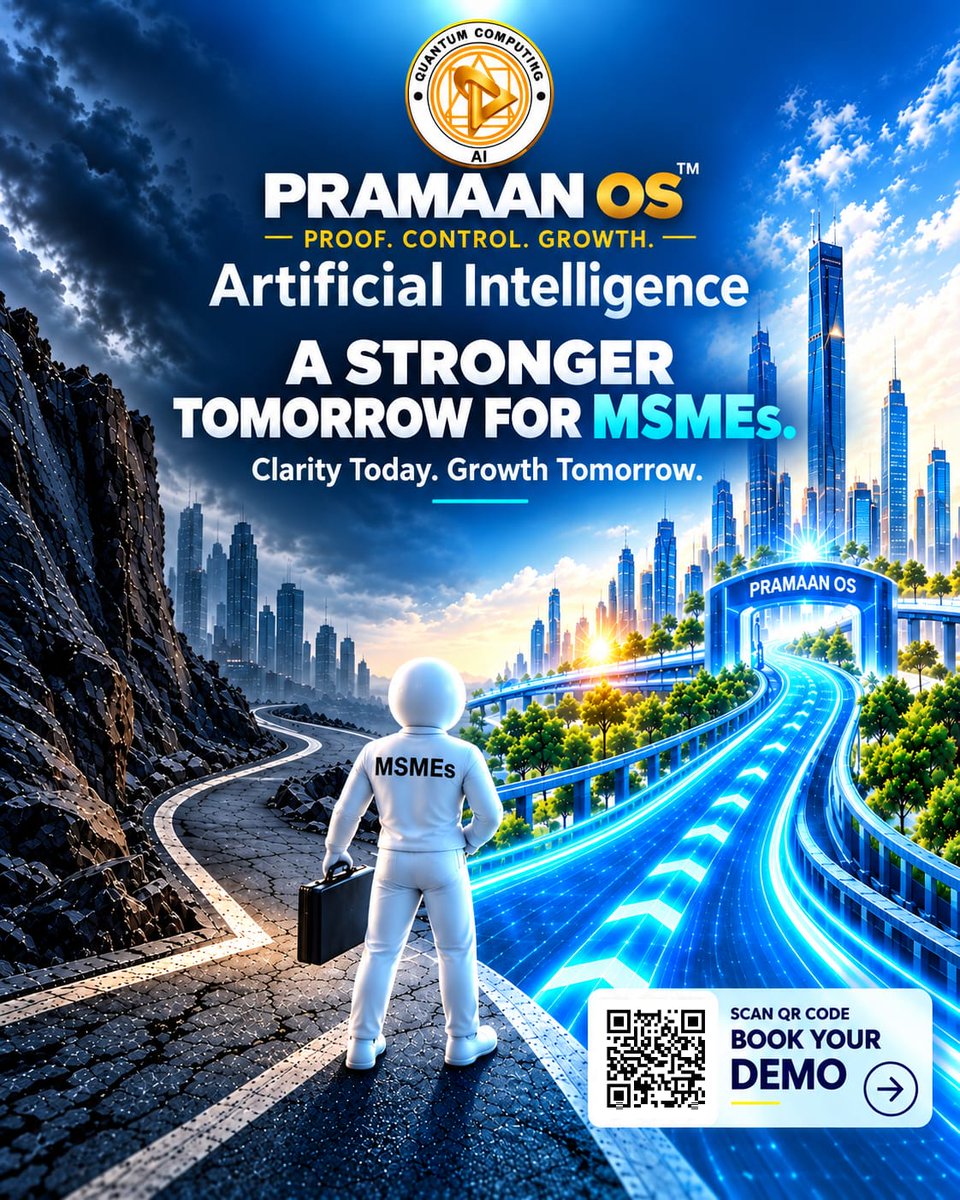 PramaanOS's tweet photo. Every MSME has a road ahead. The difference is having the intelligence to choose the right one.

PRAMAAN OS™ brings AI-powered clarity, control and insights to help MSMEs navigate complexity, make informed decisions and move confidently toward sustainable growth.
#PramaanOS https://t.co/MmCGeBHc7Y