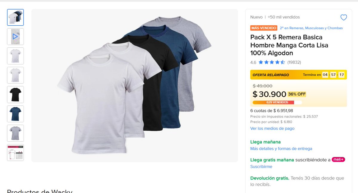 Altoqueofertas's tweet photo. ¡5 REMERAS, TODAS AL PRECIO DE UNA! 🔥

Antes: $49.000
Ahora: $30.900
https://t.co/Z8MPtBj7EF
Pack x5 remeras básicas 100% algodón, colores surtidos. 4.6★ con +19 mil reseñas. 36% OFF, oferta relámpago. https://t.co/RHbQi4ZBJc