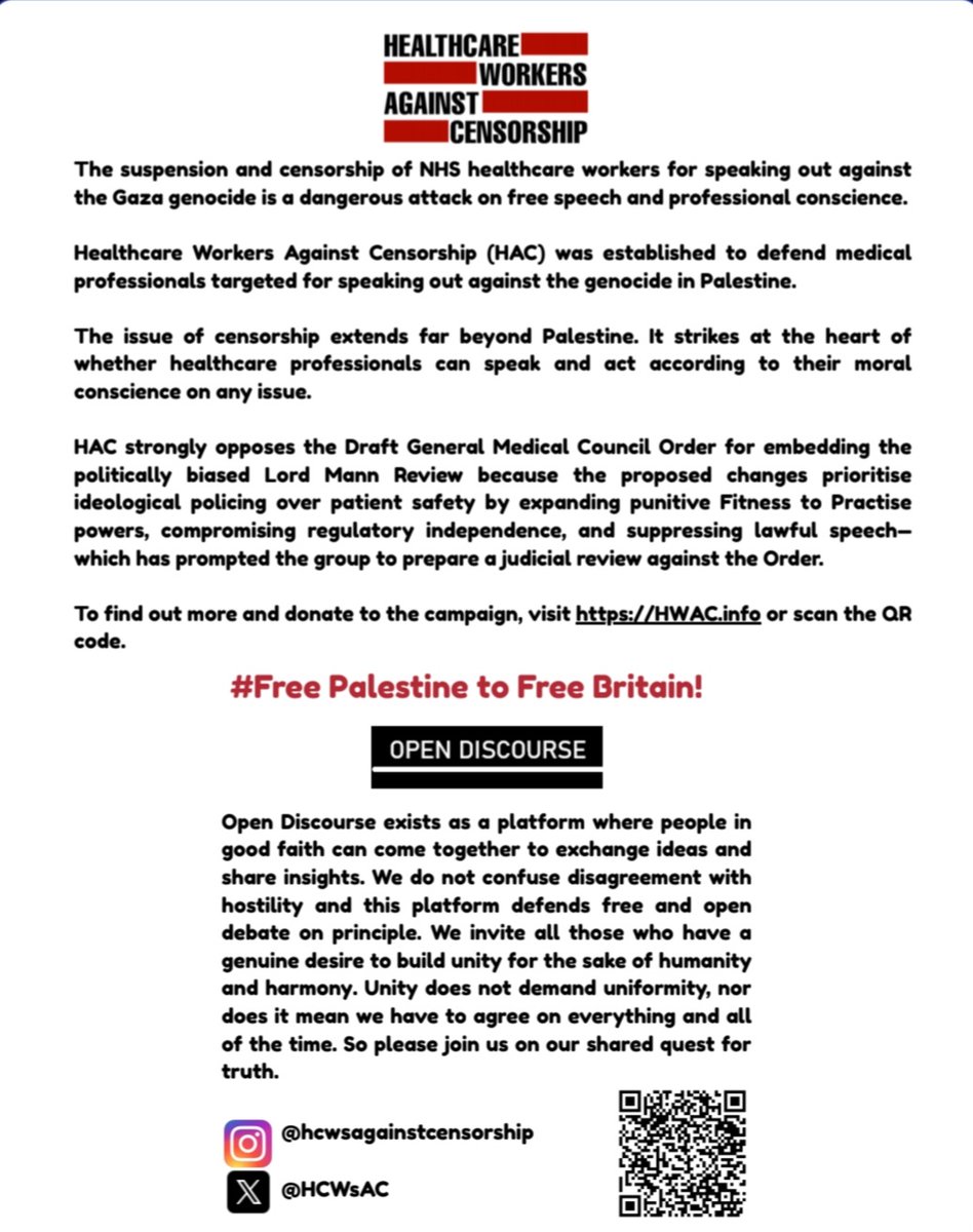 HCWsAC's tweet photo. On Saturday 26 September 2026, the @PSCupdates holds its protest in Liverpool - it will start at St George's Hall L1 1JJ; 12-4pm.
The Labour conference will be starting 27 - 30 September 2026 in the city.

That evening, Open Discourse and HAC will be hosting their Dinner and Networking Event 'Scouse and Solidarity' - come and meet us! Guest speaker is @Rehiana1980 but this will also be an open forum for discussion. 

It's for anyone who cares about Palestine and civil liberties, regardless of political alignment. 

Come and learn about the suspension and censorship of NHS healthcare workers for speaking out against the Holocaust in Gaza - a dangerous attack on free speech and professional conscience.  
On 7 August 2026, HAC's legal team issued their pre-action protocol against @DHSCgovuk regarding the new GMC order being implemented.

With special thanks to @McnamaraEl71418 for her unparalleled organisation.

🗓️ Saturday 26 September 2026
📍Kimos Restaurant  38-44 Mt Pleasant, Liverpool  L3 5SD
⏱️6pm