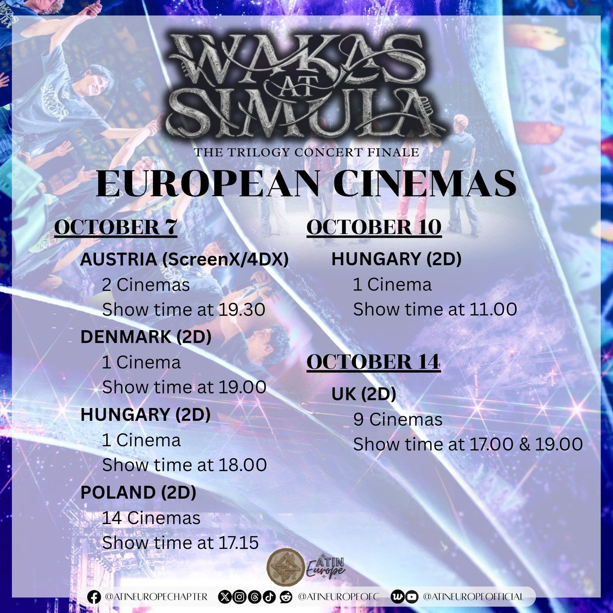 AtinEuropeOFC's tweet photo. Here are the official cinema schedules &amp; ticket links for the European screening of SB19's Wakas at Simula: The Trilogy Finale concert film.

Secure seats for you, your squad, and your neighbours too!🍿🎬

1/2

#SB19 @SB19Official #SB19_IN_CINEMAS
#SB19_WAKAS_AT_SIMULA https://t.co/f9n1fnIdpE