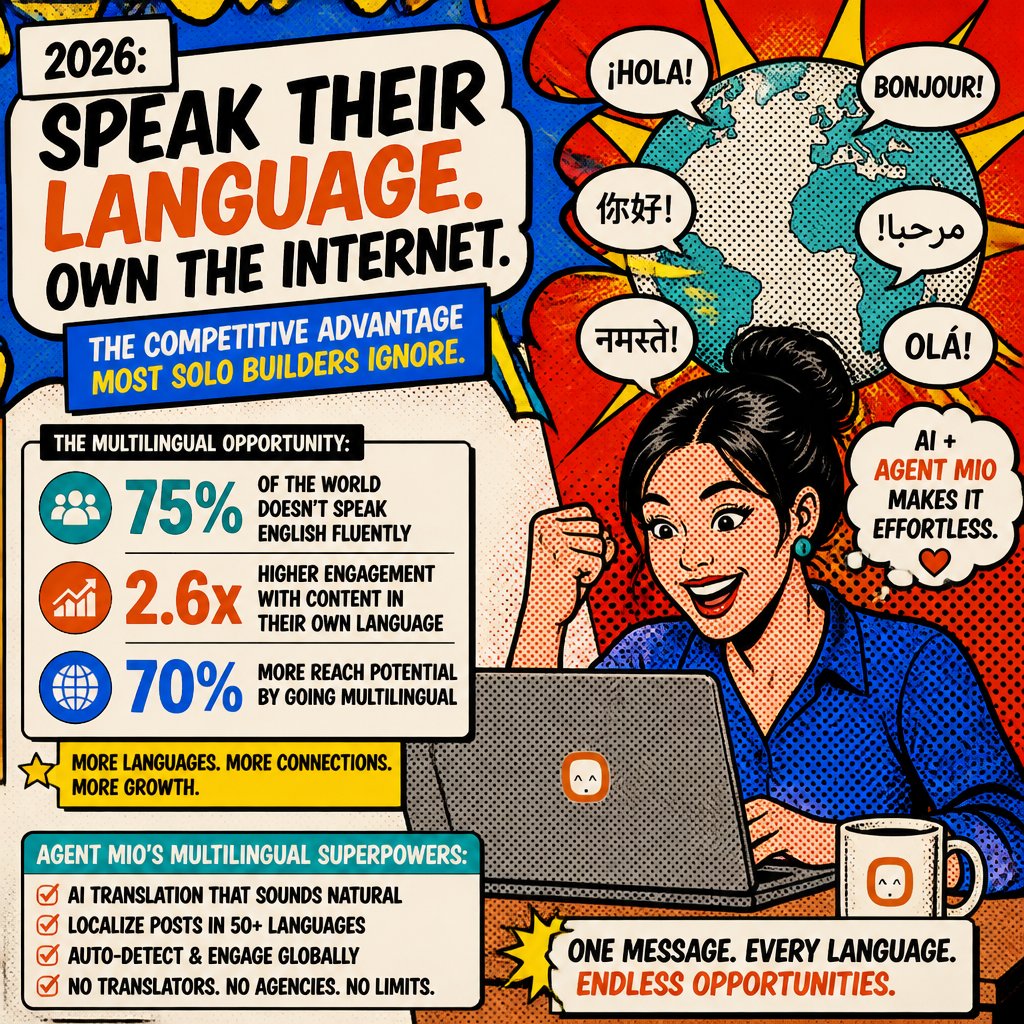 AgentMio's tweet photo. What's stopping you from reaching 74% of the internet?

3 reasons multilingual content wins in 2026:

1. Higher engagement — native language = more trust
2. Zero extra cost — AI handles translation, no agencies needed
3. Untapped reach — most solo builders skip this entirely

Agent Mio makes it simple. 

#SoloBuilders #AIMarketing