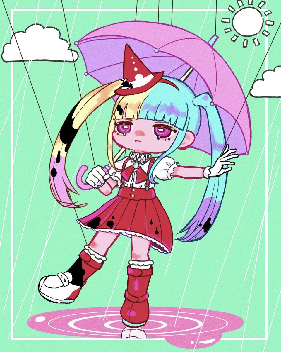 krg1130's tweet photo. 最近雨ばっかりだから嘘ミーム聞くのに丁度良い🌧
初めて描いて思ったけどこの子の色合い好きすぎる。服も道化っぽくて色んな意味で刺さる🙌

#ピノキオピー
#ピノキオピー_FA
 #初音ミク https://t.co/EKQBn6tDK2