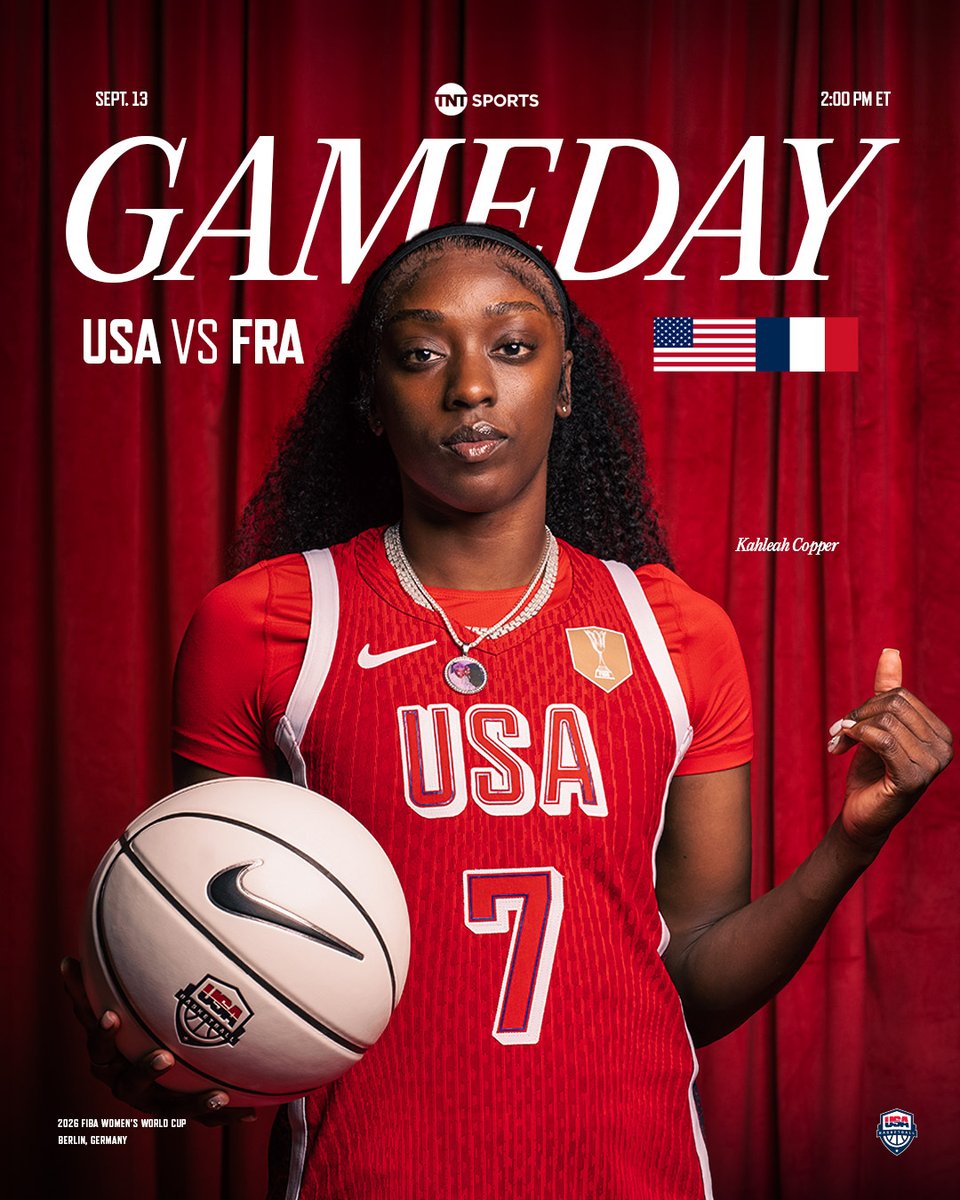 usabasketball's tweet photo. For the title of World Champions 🏆

🇺🇸 #USABWNT vs 🇫🇷 France 

📍 Berlin Arena 🇩🇪  
🕑 2 pm ET  

📺 TNT, truTV &amp; HBO Max 
#FIBAWWC https://t.co/5d8dksfKah