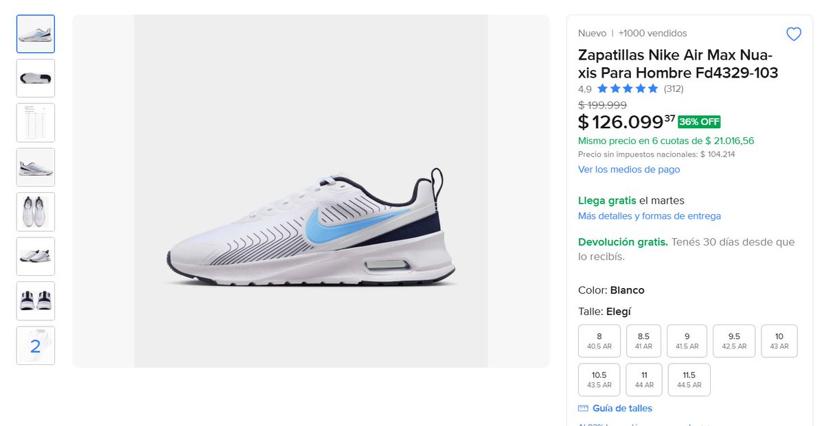 Altoqueofertas's tweet photo. ¡NIKE AIR MAX CON 36% OFF! 🔥

 Antes: $199.999
 Ahora: $126.099
 https://t.co/4q7KP2f3nH
 Air Max Nuaxis blanco/celeste, 4.9★ con +310 reseñas. Todos los talles disponibles, llega gratis el martes. https://t.co/zHVi8HHSfP