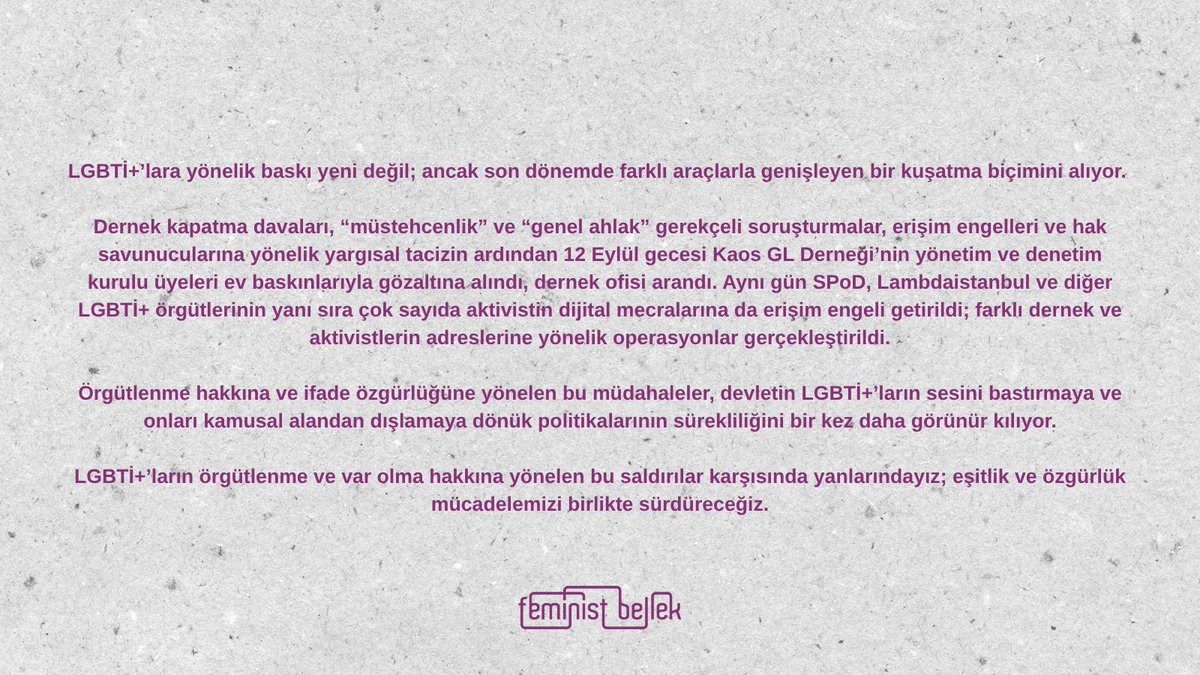 FeministBellek's tweet photo. LGBTİ+’ların örgütlenme ve var olma hakkına yönelen bu saldırılar karşısında yanlarındayız; eşitlik ve özgürlük mücadelemizi birlikte sürdüreceğiz. https://t.co/itZ5RfVrqM