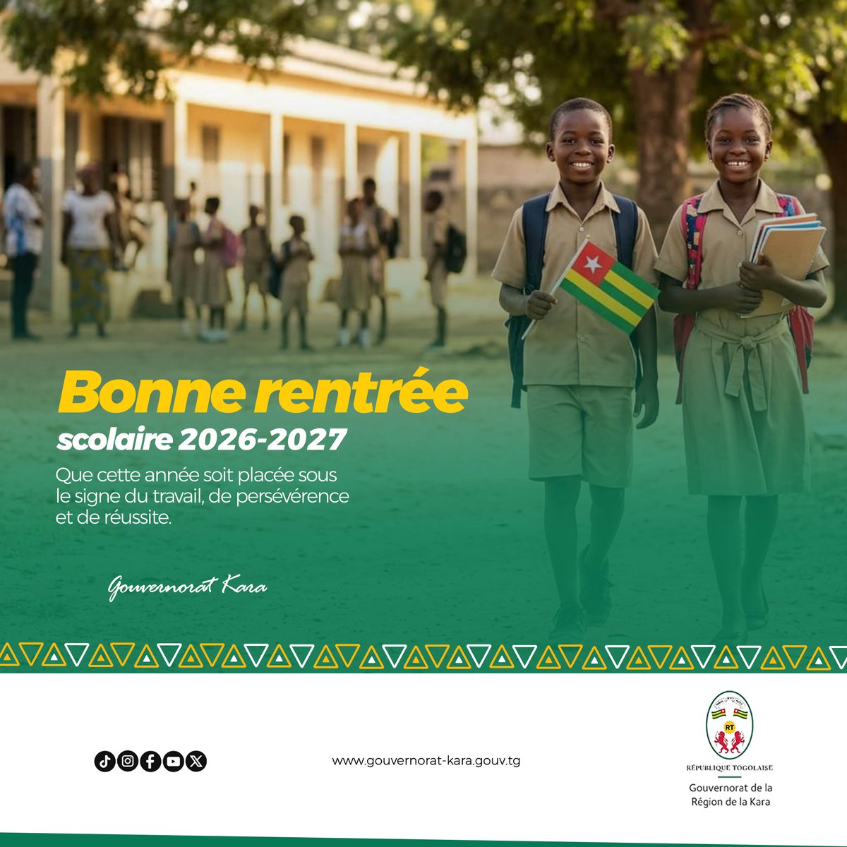 GouvKara's tweet photo. Après la pause, les salles de classe reprennent vie et une nouvelle année d’apprentissage commence.

À tous les élèves, le Gouvernorat de la Kara souhaite une excellente rentrée, pleine de réussite, de découvertes et de nouvelles ambitions.

#GouvernoratKara #RegionKara #Togo https://t.co/61xWLeYReb