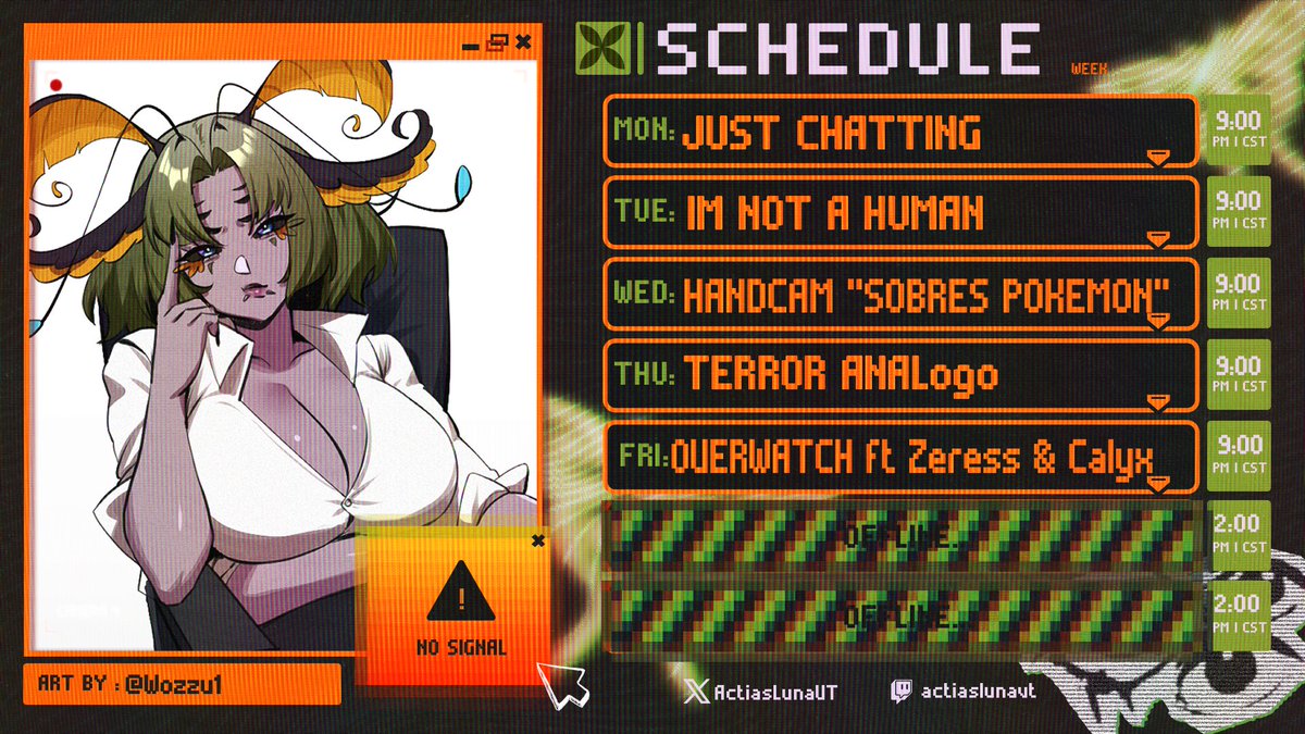 ActiasLunaVT's tweet photo. ๐ฆ HORARIO SEMANAL ๐
Esta semana tenemos varias cositas! OW con las niรฑas
MAS IM NOT A HUMAN! TARJETITAS POKEMON?! Mas terror recta..ANALOGO!
Espero sigan acompaรฑรกndome toda esta semana! Los verรฉ ahรญ?
OSHI MARK: ๐ฆ๐
ARTE: #ARTIAS https://t.co/ABzlNqtuiJ