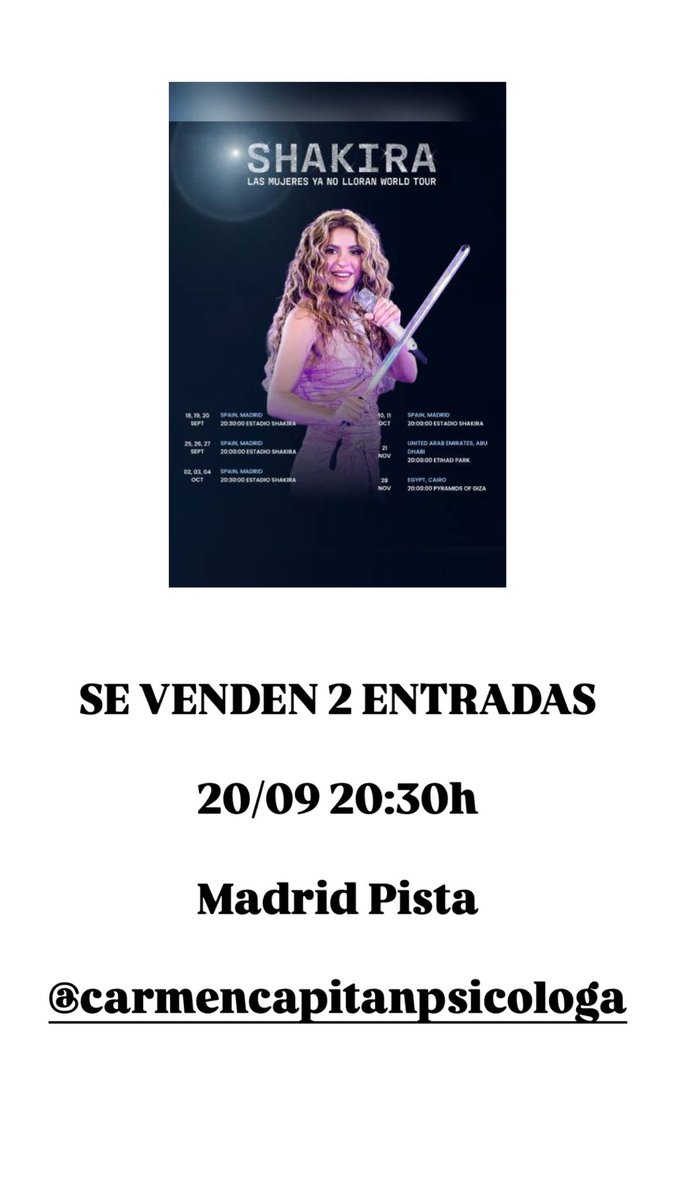 AnaAnapaz's tweet photo. 🎟️ VENDO O INTERCAMBIO 2 ENTRADAS SHAKIRA – MADRID 💃🔥
💰 115 € cada una
⚠️ Se venden únicamente juntas.
🔄 También las intercambiaríamos por 2 entradas de PISTA para el sábado 19 de septiembre.
✅ Entradas oficiales
✅ Podemos enseñar justificante de compra. https://t.co/Yp80cbxJSf