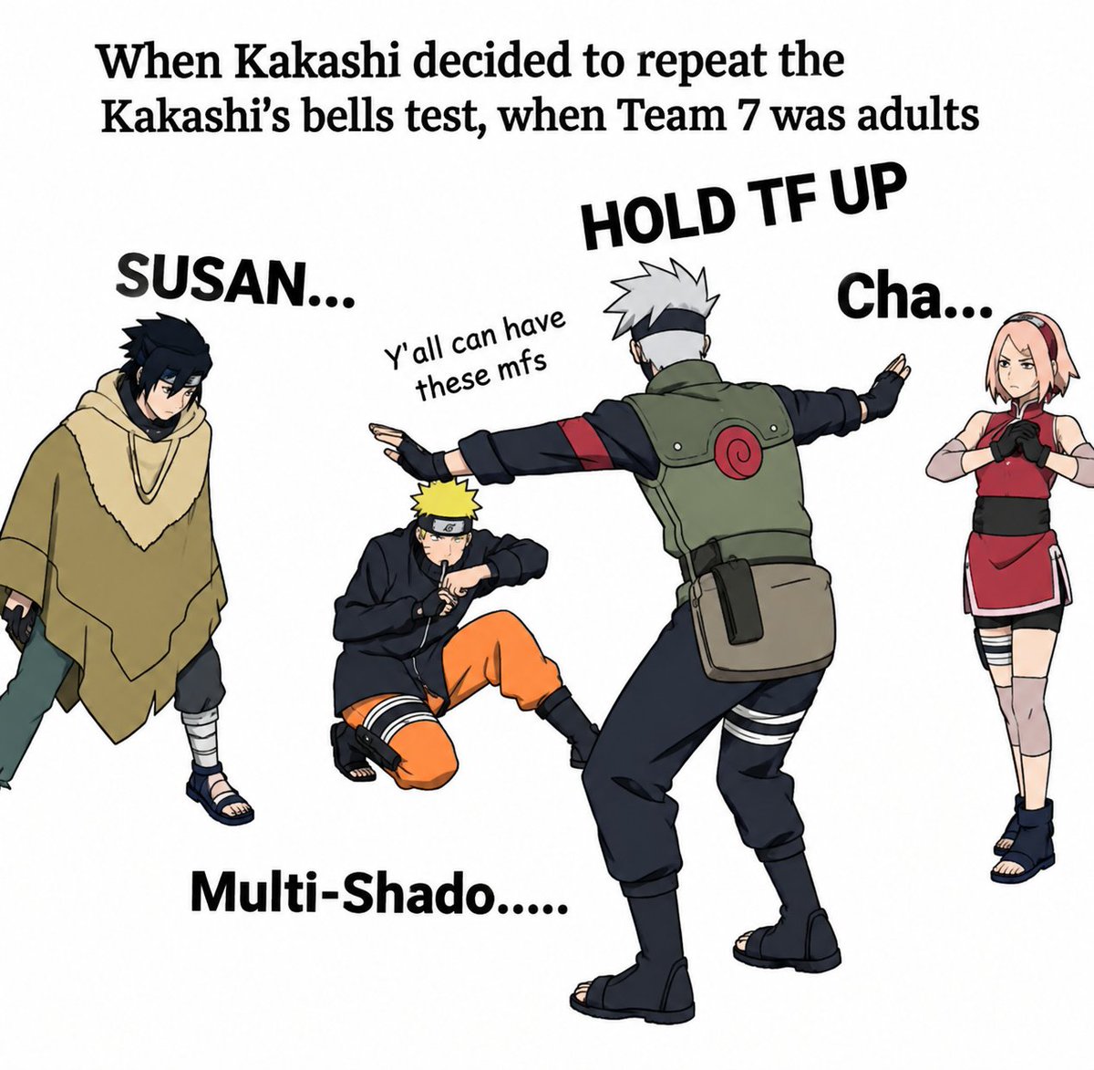 Lofty_xc's tweet photo. If Kakashi tried the bell challenge on adult Team 7, would he even stand a chance? https://t.co/RTLu4NVt7U