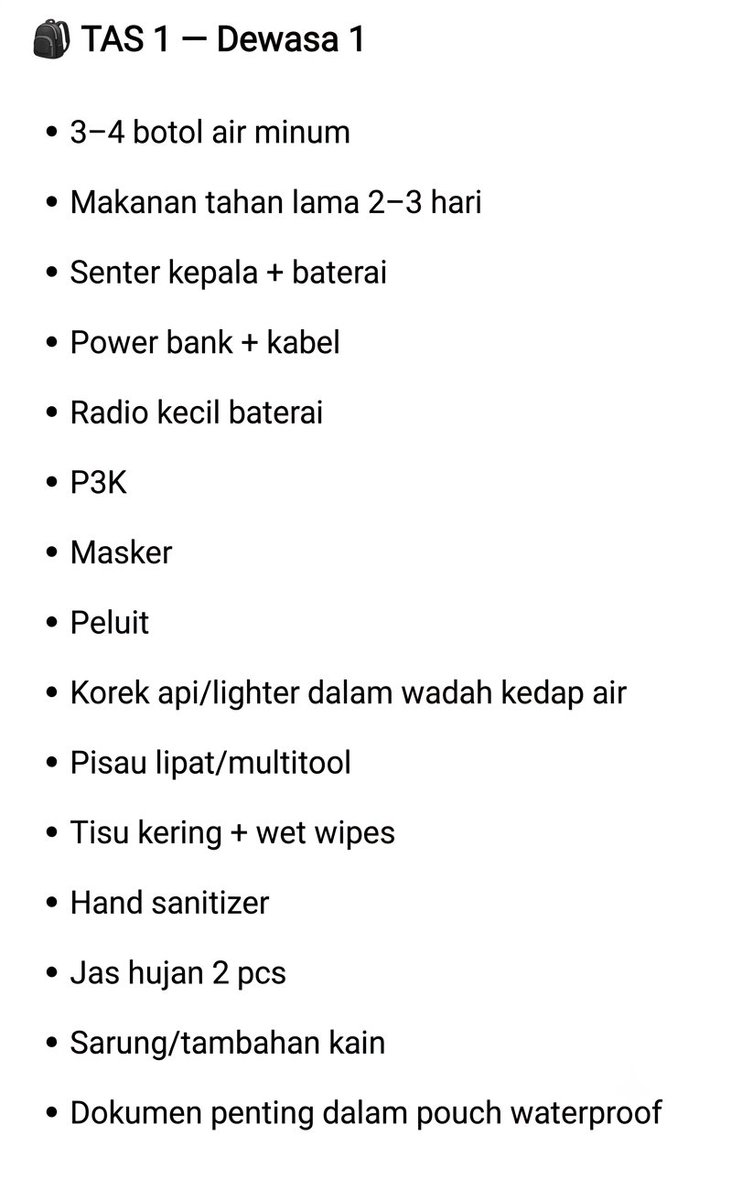 vleurszi's tweet photo. Sudah saatnya siapin emergency bag, tapi … jangan langsung masukin semua barang ke tas ya😭

Yang penting bukan tasnya penuh, tapi isinya memang kepake saat harus evakuasi.

Ini basic checklist yang menurutku wajib dicek, terutama kalo ada anggota keluarga anak-anak

Lanjut https://t.co/YpaXrAHzqG