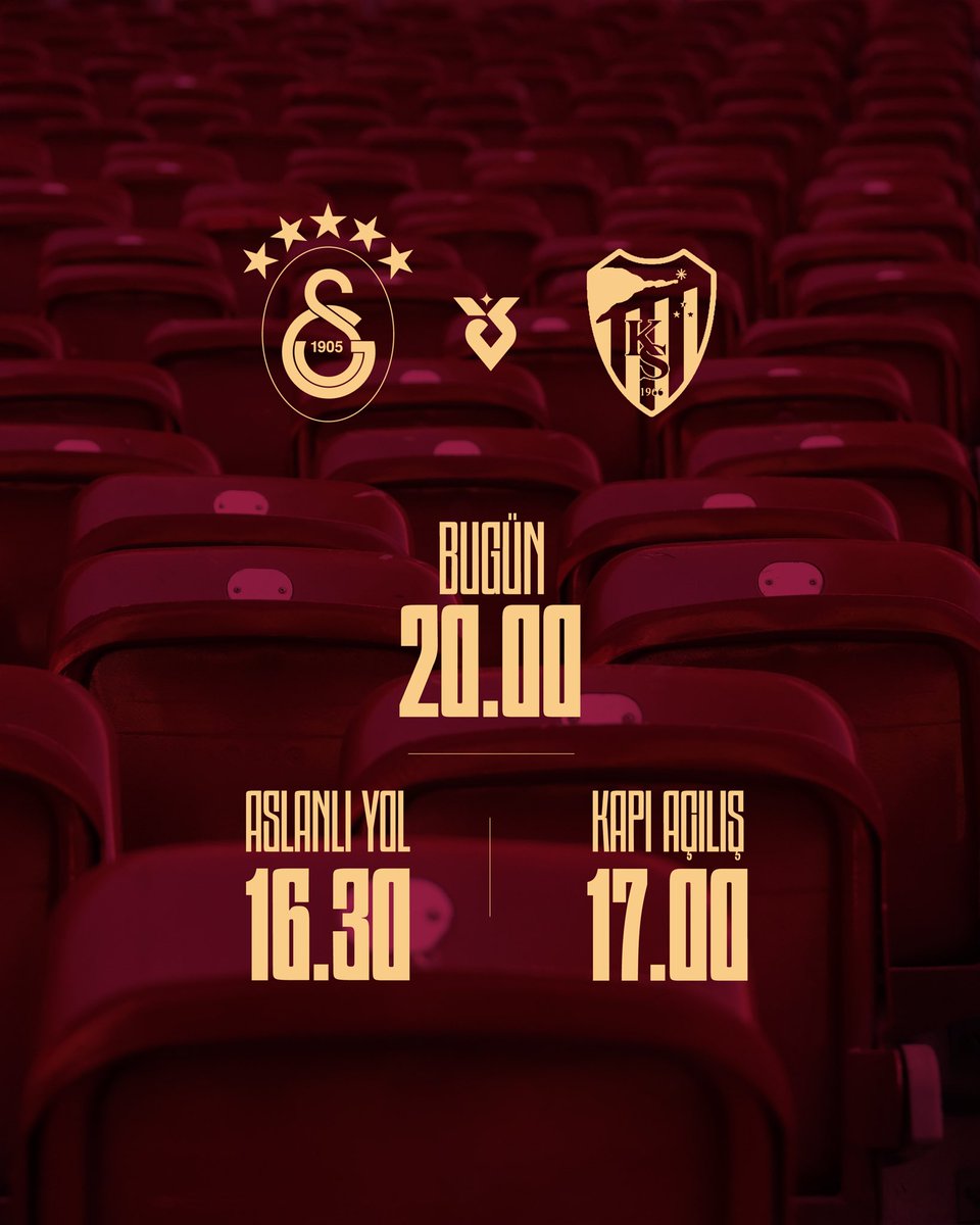 GalatasaraySK's tweet photo. 🏟️ Galatasarayımızın, Kocaelispor ile oynayacağı karşılaşma için RAMS Park’ın kapıları saat 17.00’de, Aslanlı Yol ise saat 16.30’da taraftarlarımıza açılacaktır. #GSvKS 

ℹ️ Yoğunluktan etkilenmemek ve maç coşkusunu önceden yaşamak için stadyuma erken gelmeniz rica olunur.

ℹ️ Metro girişinden gelen taraftarlarımız, stadyuma alınamayacak eşyalarını bilet gişesinin yanında bulunan emanetçiye bırakabilir.